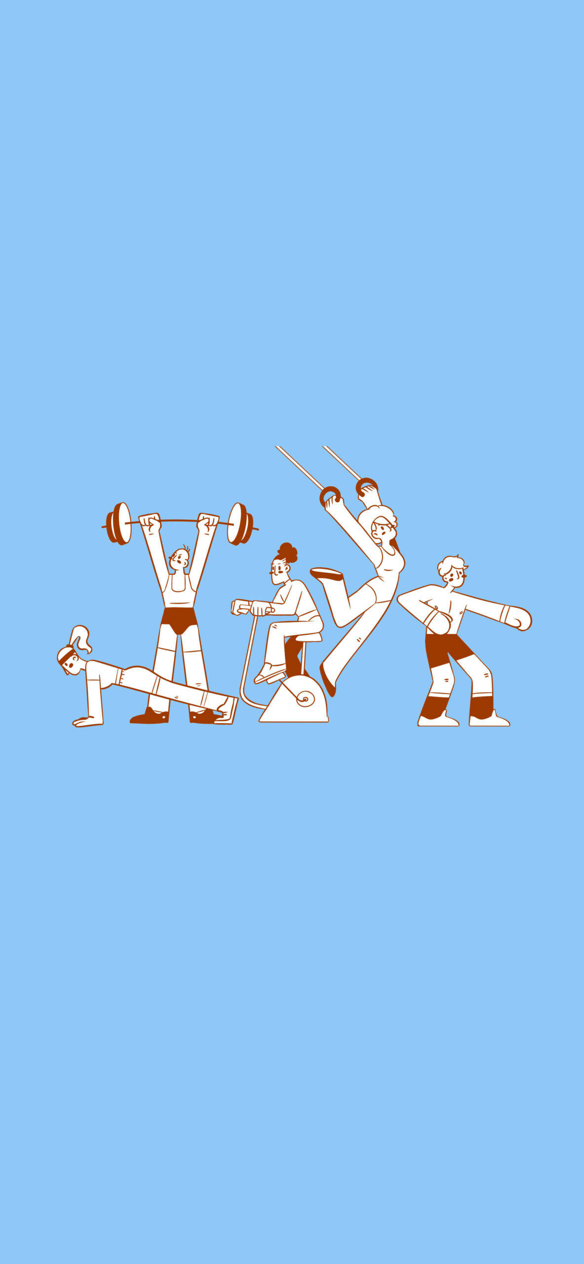 Exercise 桌布 壁紙 — 四個風格化的人物在純淺藍色背景上進行各種健身運動。