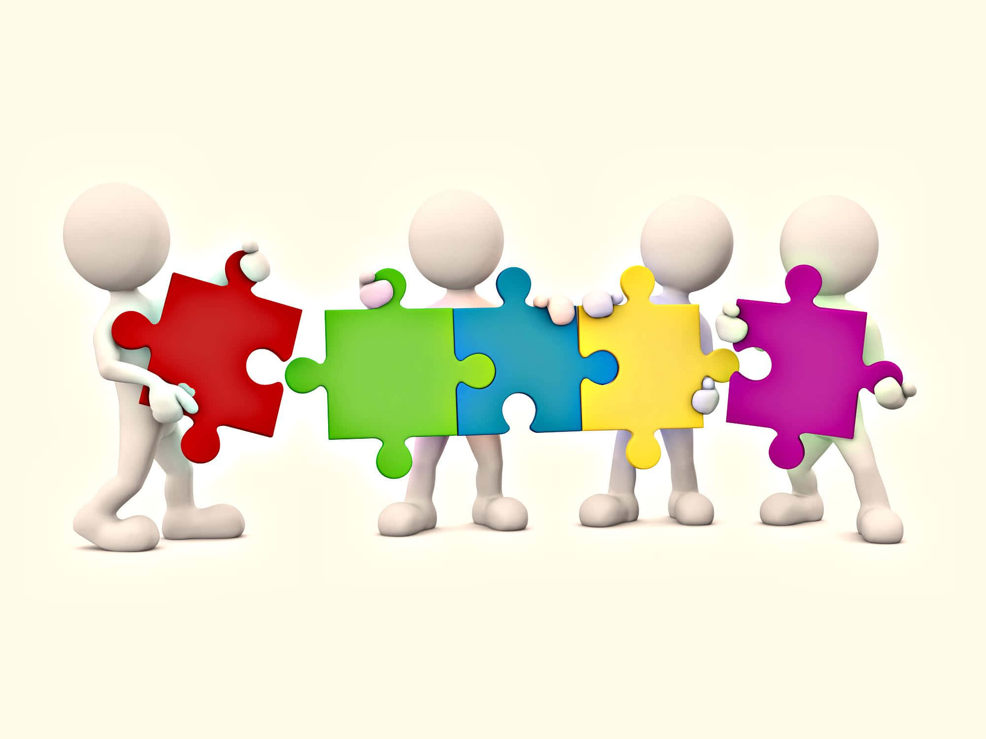 Leadership 桌布 壁紙 — 四個風格化的人物手持彩色拼圖塊，在純色背景上形成一條連接的鏈條。