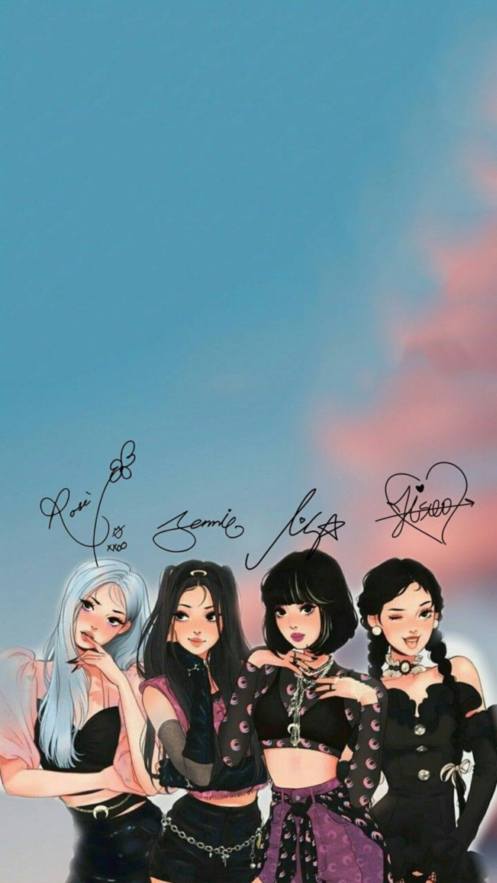 Kpop Aesthetic 桌布 壁紙 — 四個風格化的動漫女孩穿著前衛服裝，在柔和的藍色和粉紅色天空下擺姿勢，帶有手寫簽名。