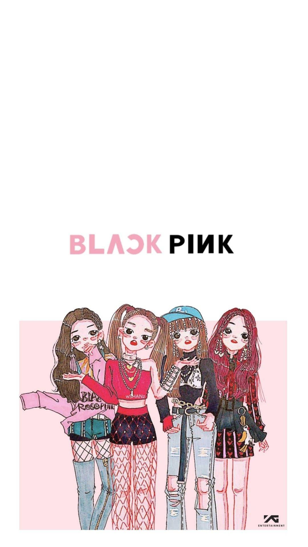 四個插圖化的K-pop偶像，穿著大膽的服裝，以粉紅色背景為襯托。 — Blackpink 動畫 GIF 壁紙