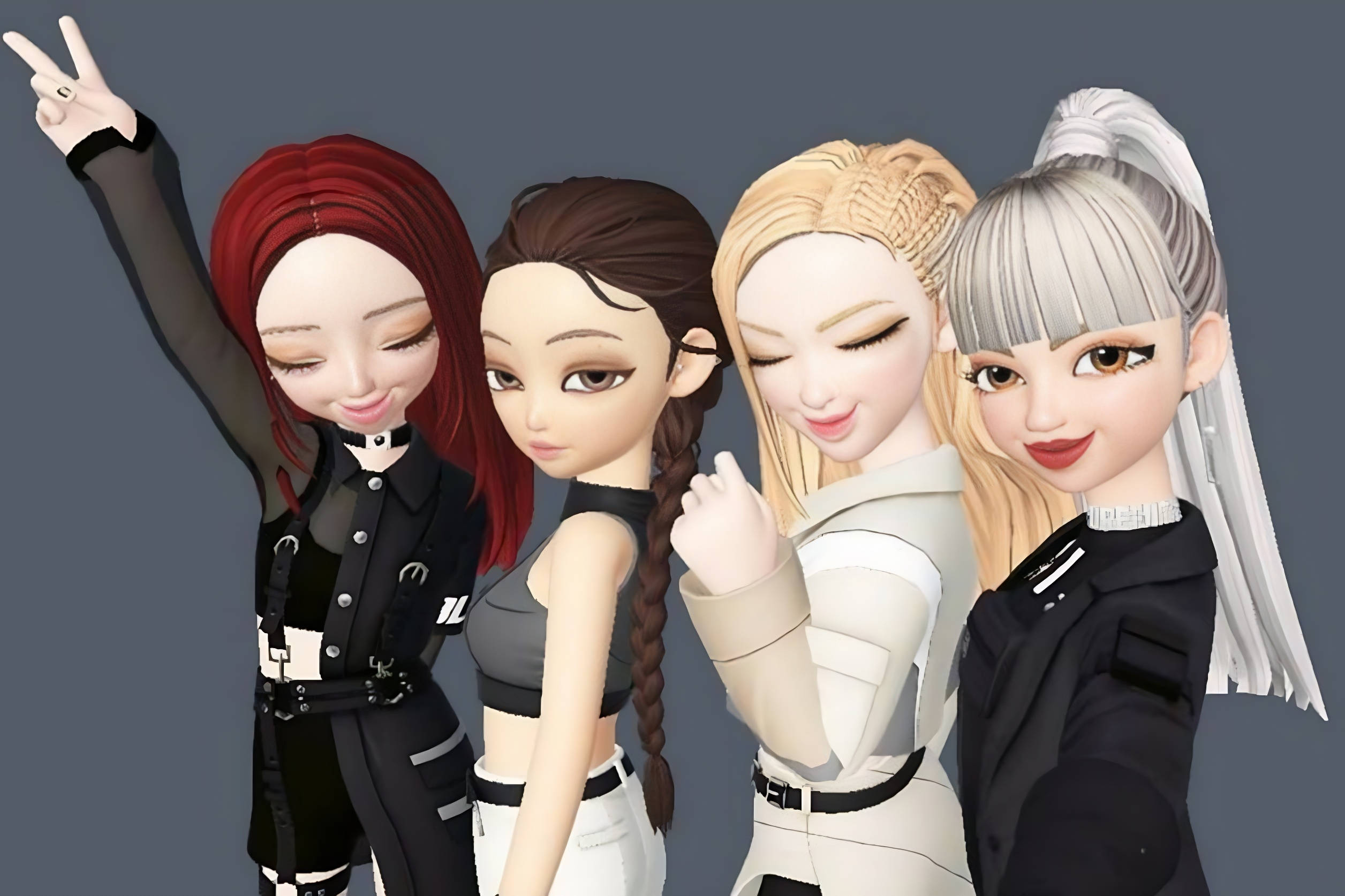 BLACKPINK 桌布 壁紙 — 四個風格化的動漫女孩穿著前衛服裝，在純灰色背景前自信地擺姿勢。