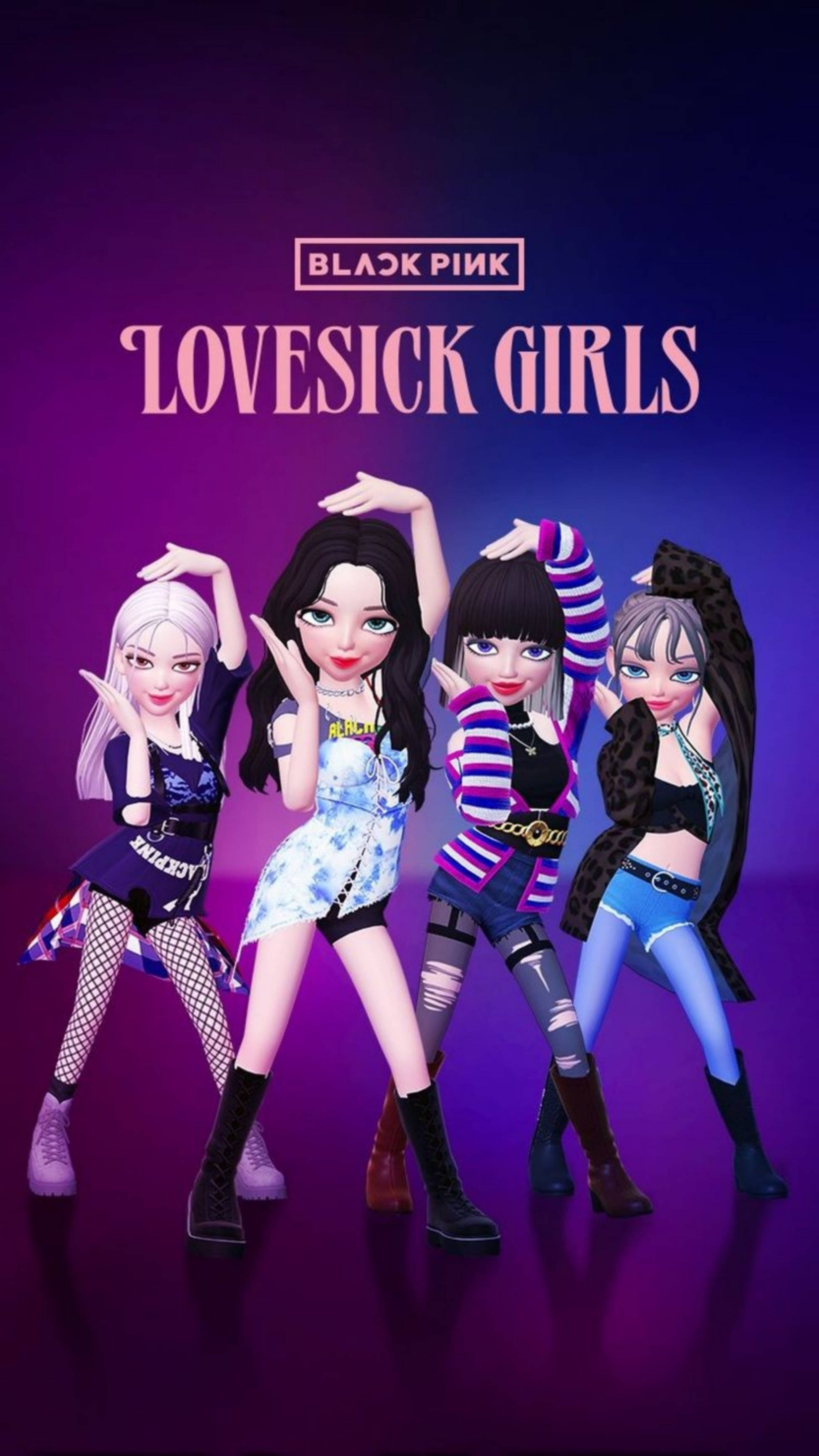 BLACKPINK 桌布 壁紙 — 四個風格化的動漫女孩穿著大膽的服裝，在發光的紫色背景前動態擺姿勢，帶有「BLACK PINK LOVESICK GIRLS」文字。