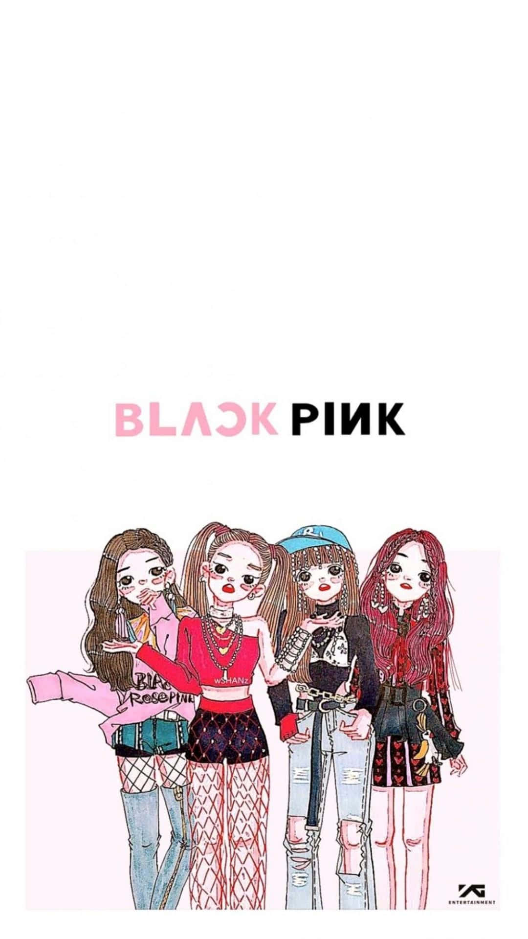 K-pop 桌布 壁紙 — 四個風格化的動漫女孩穿著時尚服裝，在柔和的粉紅色背景上站在BLACK PINK標誌下。