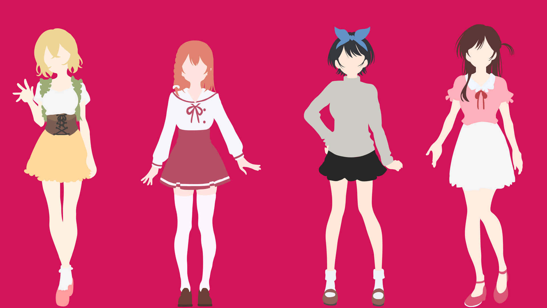 Animated 桌布 壁紙 — 四個風格化的動漫女孩穿著色彩繽紛的服裝，站在純粉紅色背景前，設計簡單扁平。