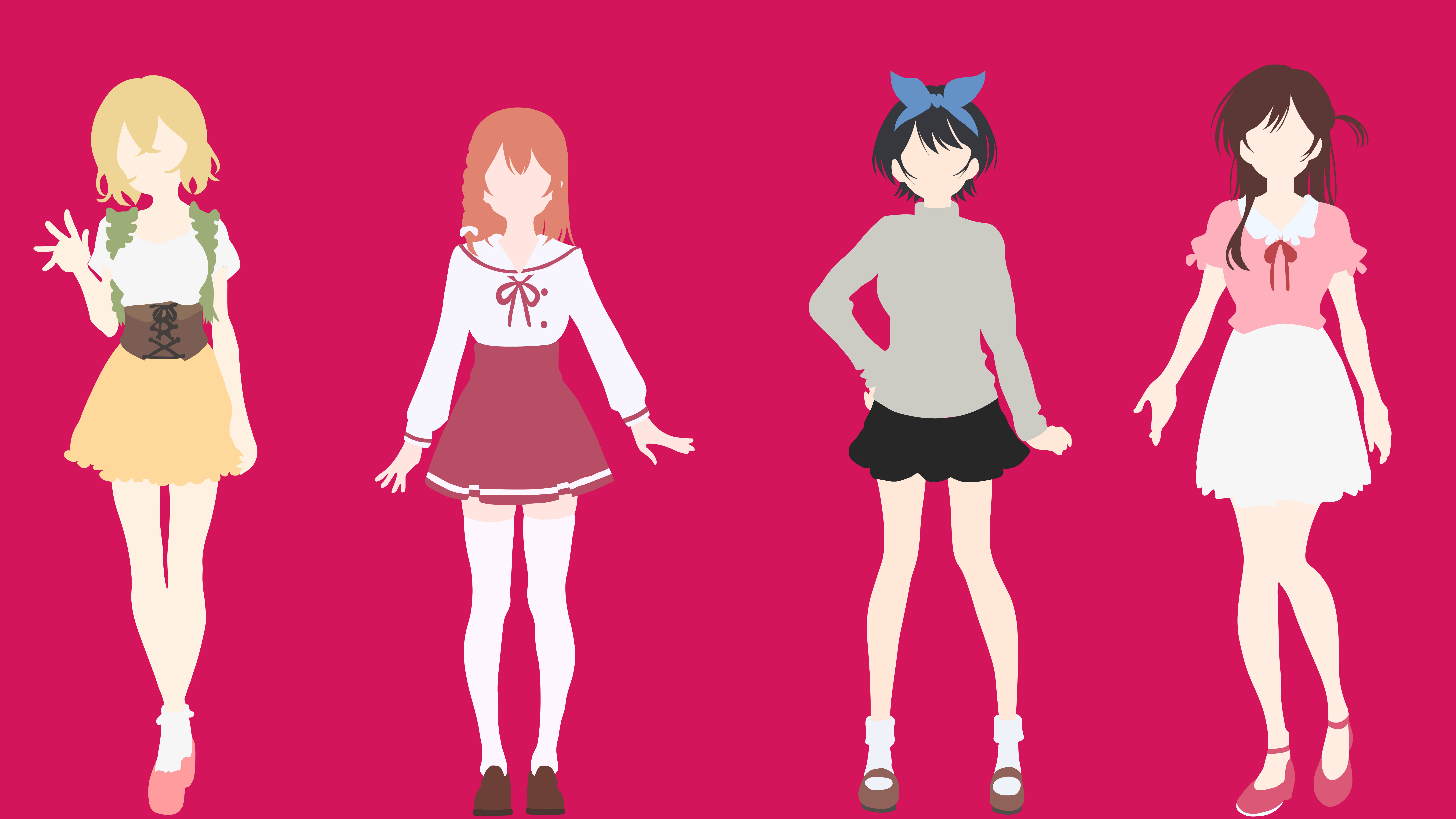 Girlfriend 桌布 壁紙 — 四個風格化的動漫女孩穿著色彩繽紛的服裝，站在純粉紅色背景前，設計簡單扁平。