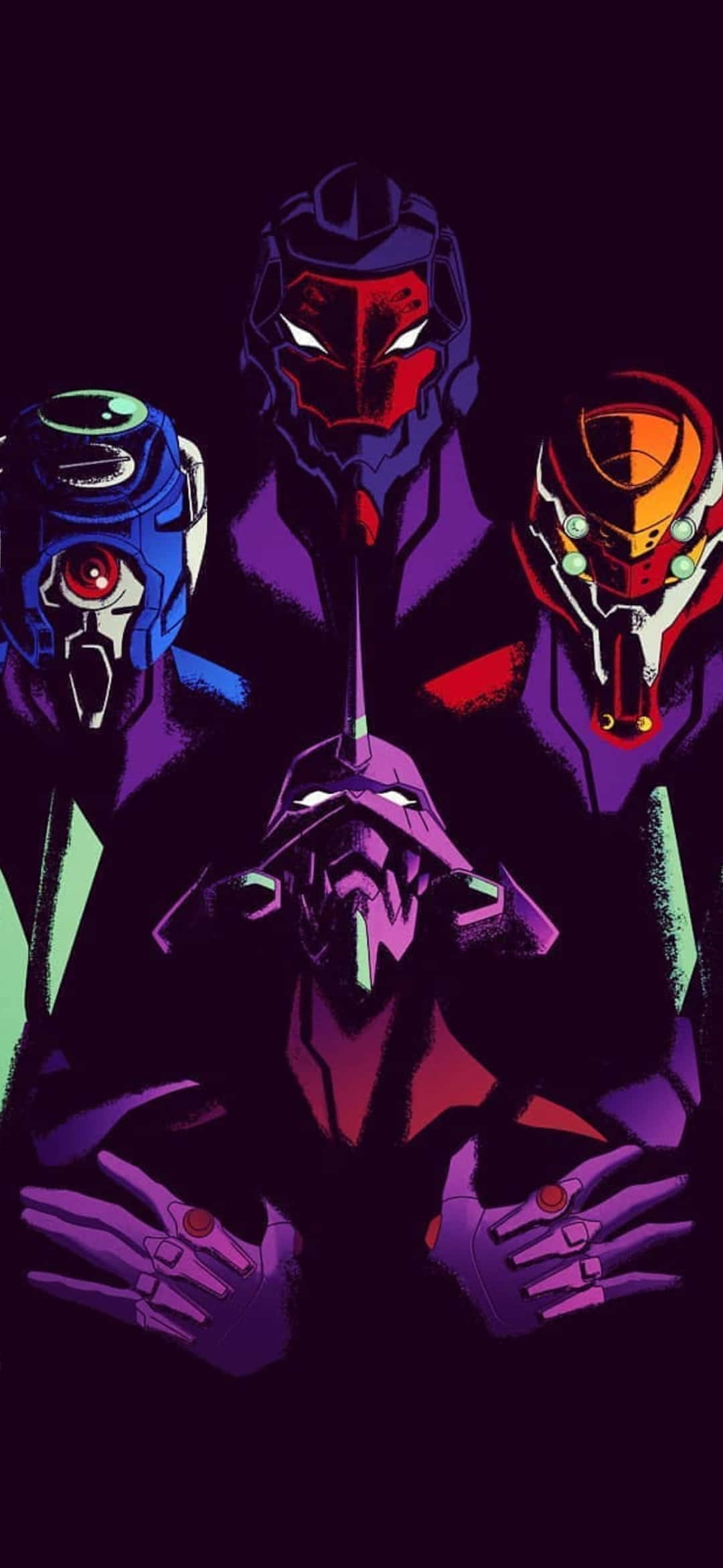 evangelion 4K 桌布 壁紙 — 四個風格化的動漫機甲，帶有發光的眼睛和銳利的棱角設計，站在深紫色的虛空中。