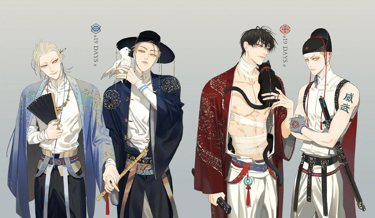 19天 桌布 壁紙 — 四個風格化的動漫男子穿著傳統中國服飾，在素色背景前與鳥類和武器擺姿勢。