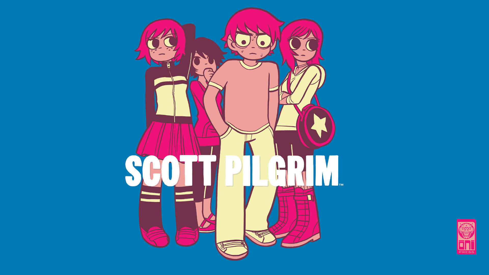 scott pilgrim 桌布 壁紙 — 四個風格化的動漫角色，粉紅色頭髮，站在純藍色背景前，有粗體白色文字寫著 Scott Pilgrim。