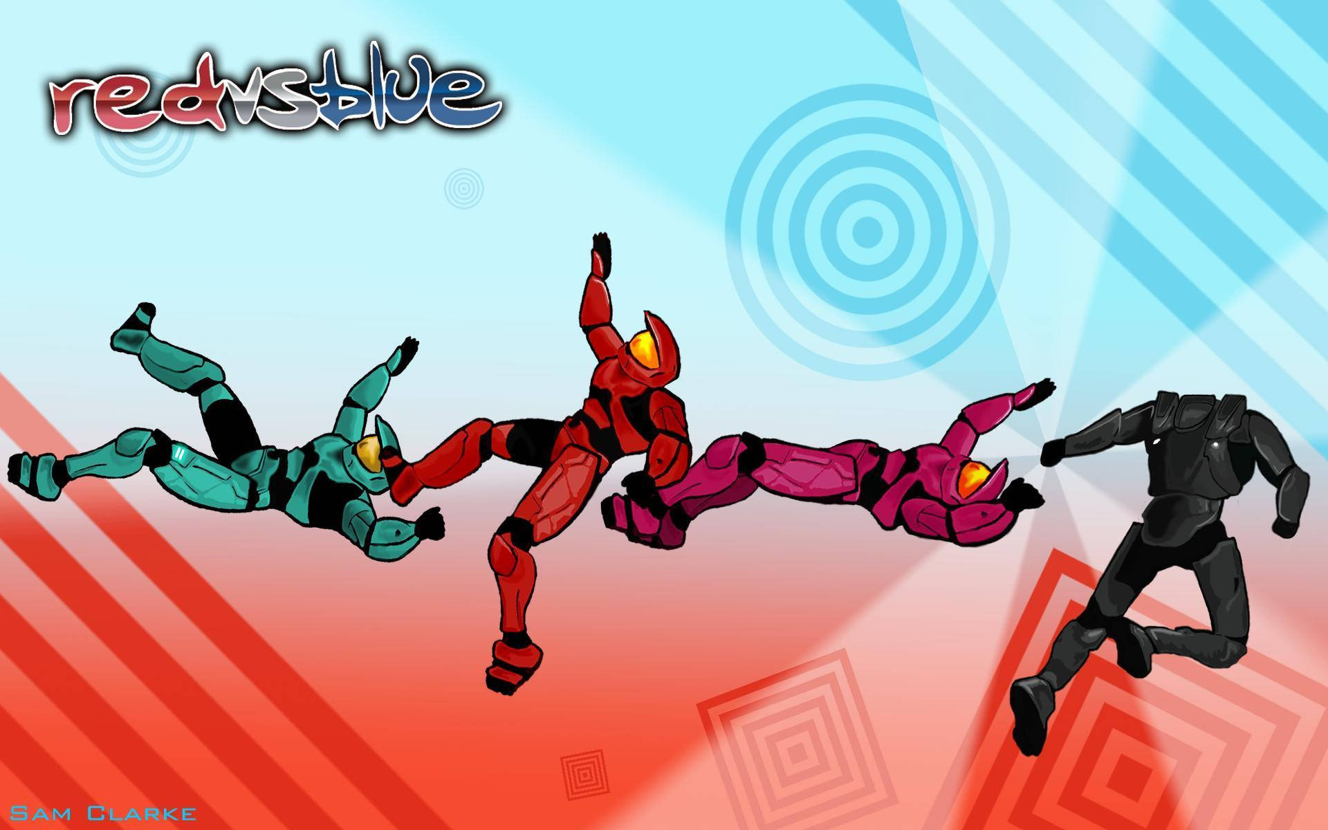 Red Vs Blue 桌布 壁紙 — 四個風格化的動漫角色以動態姿勢呈現在充滿活力的紅色和藍色幾何背景前。