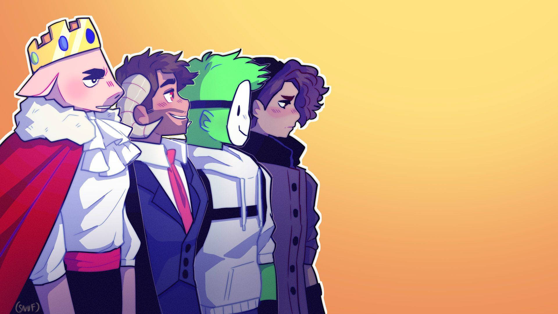 四個動漫角色側面，穿著多樣服裝和表情，背景為溫暖漸變色。