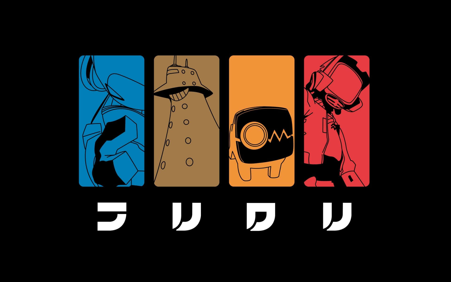 Flcl 桌布 壁紙 — 四個風格化的動漫角色在彩色面板中，下方有日文文字。