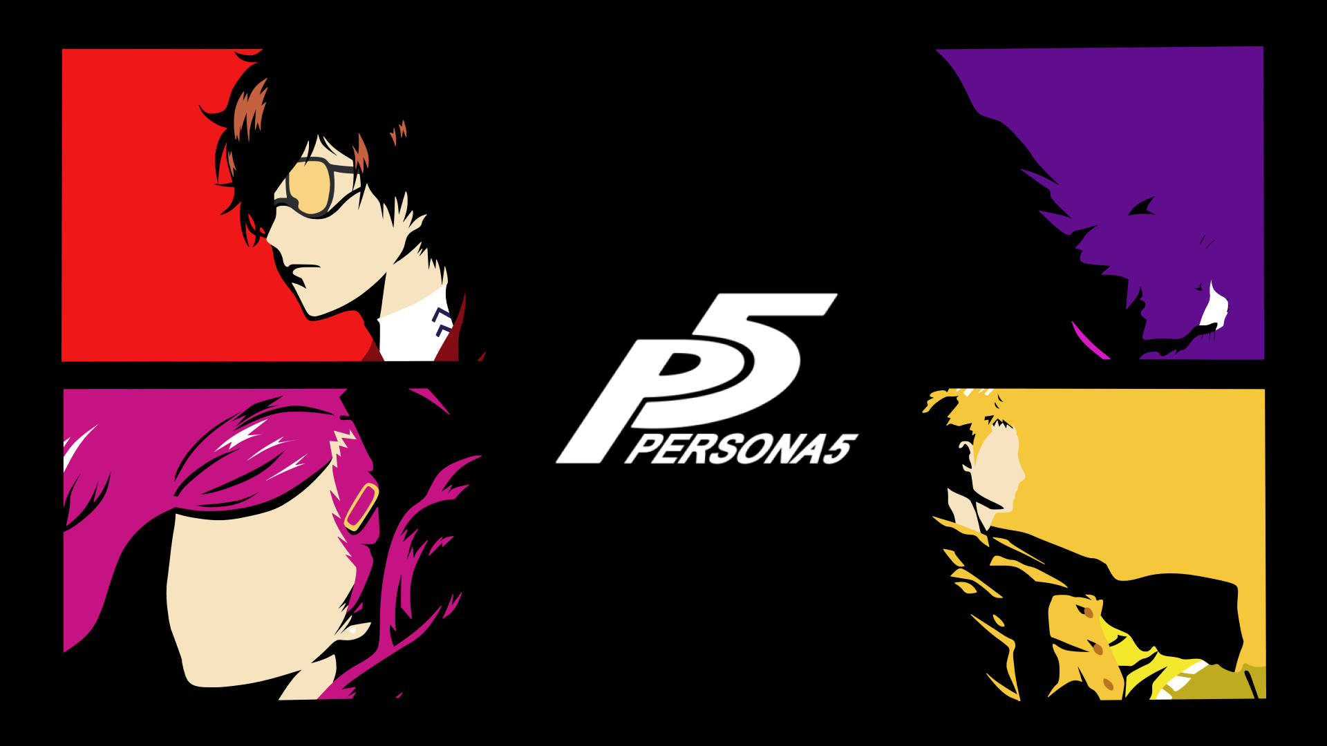 ren amamiya 桌布 壁紙 — 四個風格化的動漫角色在鮮豔的彩色面板中，夾著 Persona 5 標誌，背景為黑色。