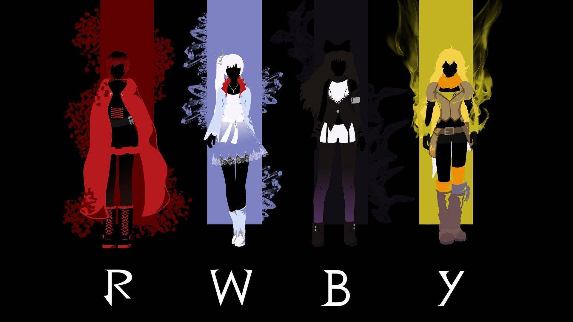 Rwby 桌布 壁紙 — 四個風格化的動漫角色站在彩色垂直面板中，背景為黑色，下方有字母 RWBY。