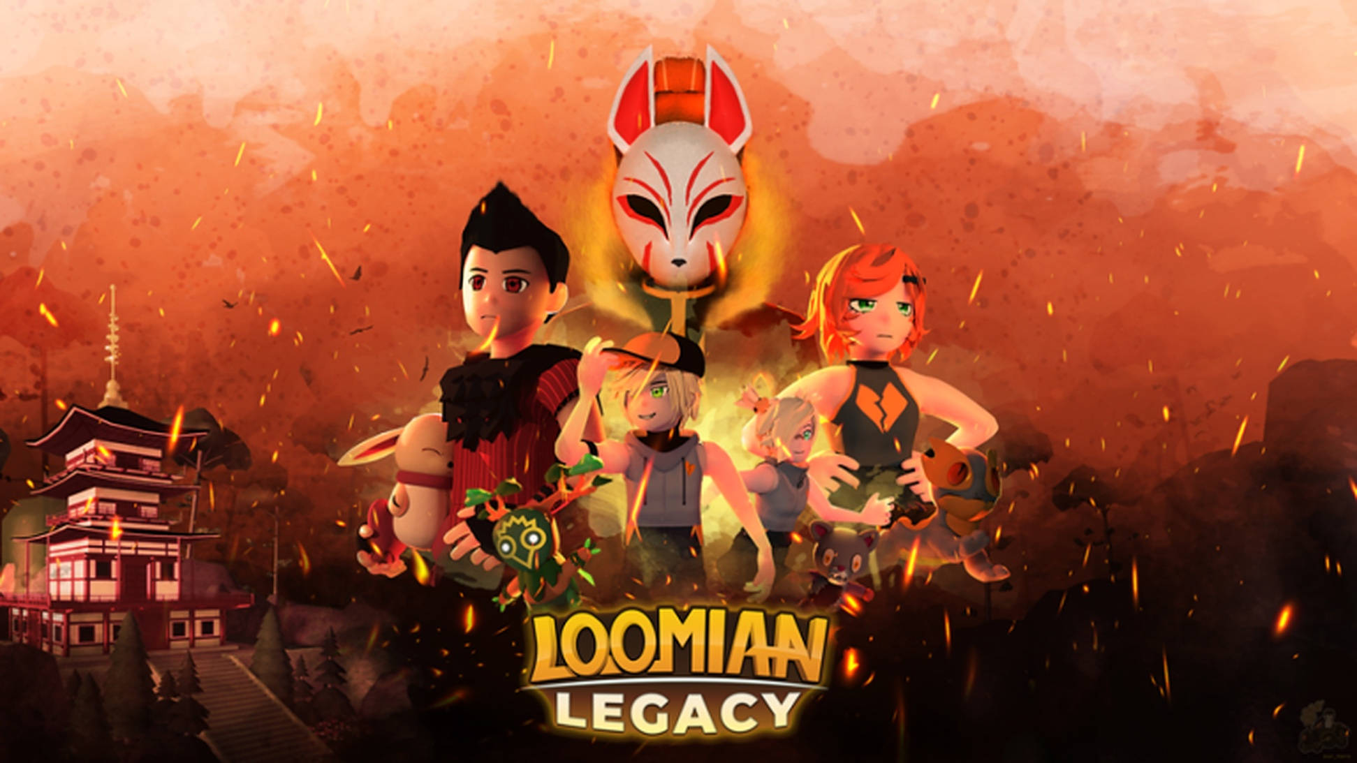 loomian legacy 桌布 壁紙 — 四個風格化的動漫角色站在發光的狐狸面具前，背景是火橙色的傳統日本寺廟。