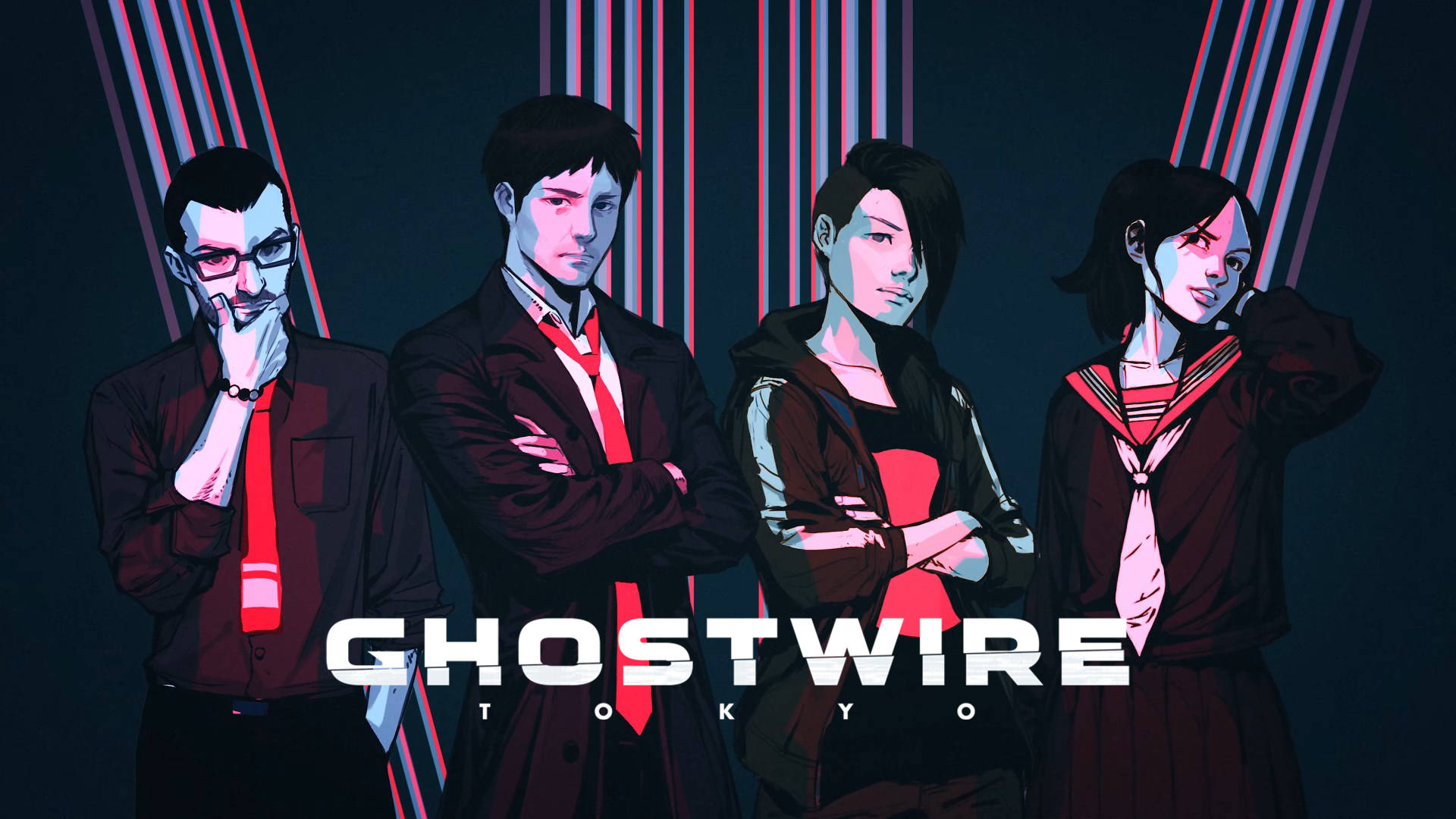 Ghostwire Tokyo 桌布 壁紙 — 四個風格化的動漫角色自信地站在黑暗背景前，背景有發光的紅色和藍色垂直線條。