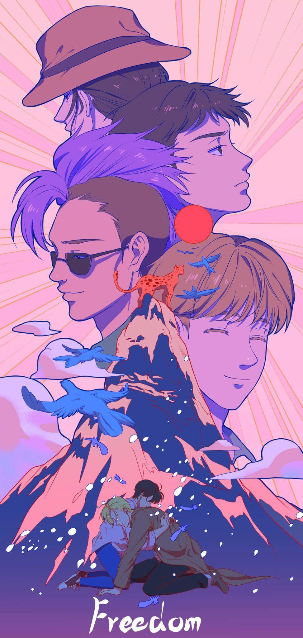 Banana Fish 桌布 壁紙 — 四個風格化的動漫面孔堆疊在山頂上，有鳥兒和一對情侶在山腳擁抱，背景是燦爛的粉紅色天空。