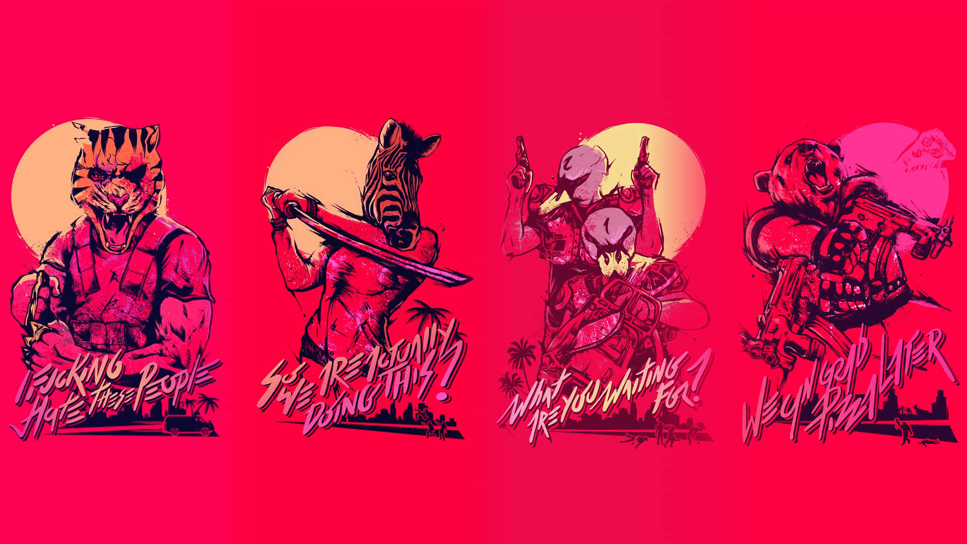 Hotline Miami 桌布 壁紙 — 四個風格化的動物角色穿著戰鬥裝備，在鮮紅色的背景上有粗體文字。