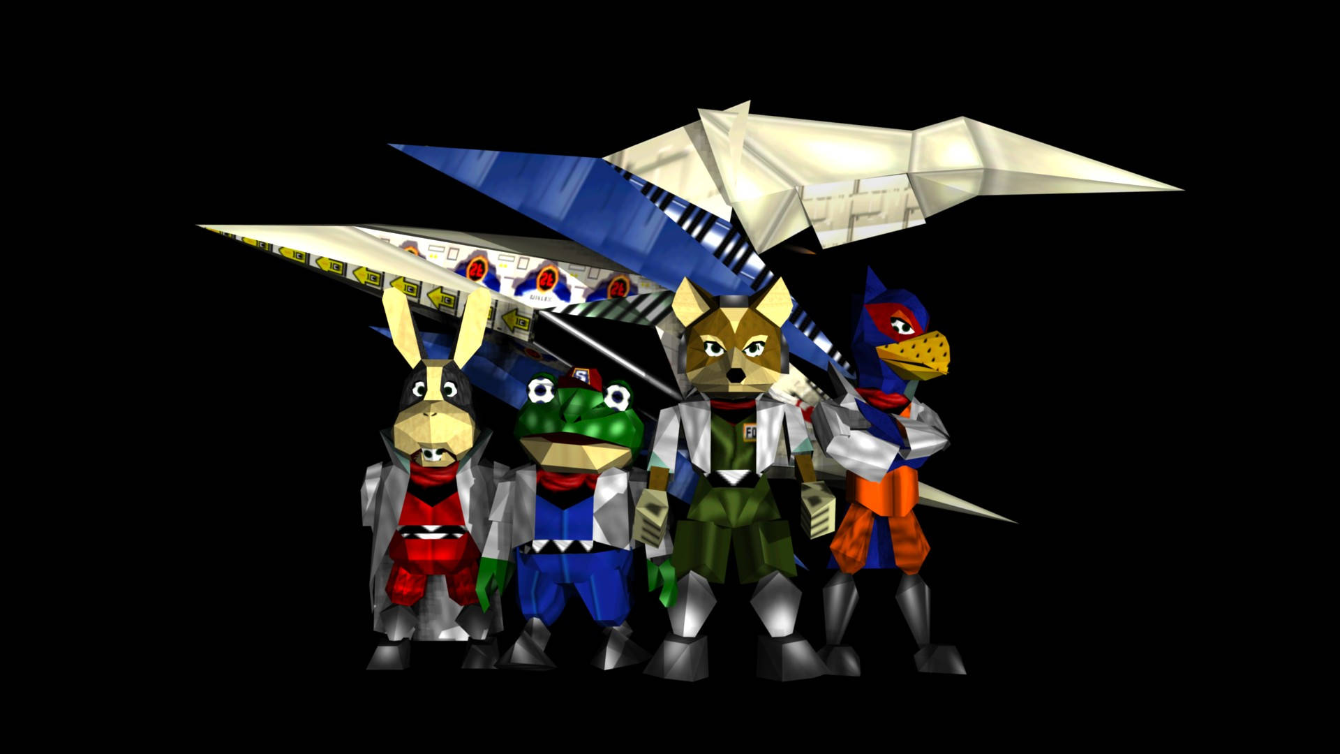 Star Fox 桌布 壁紙 — 四個風格化的動物角色身穿未來裝甲，站在一艘流線型的藍白太空船前，背景是黑色虛空。