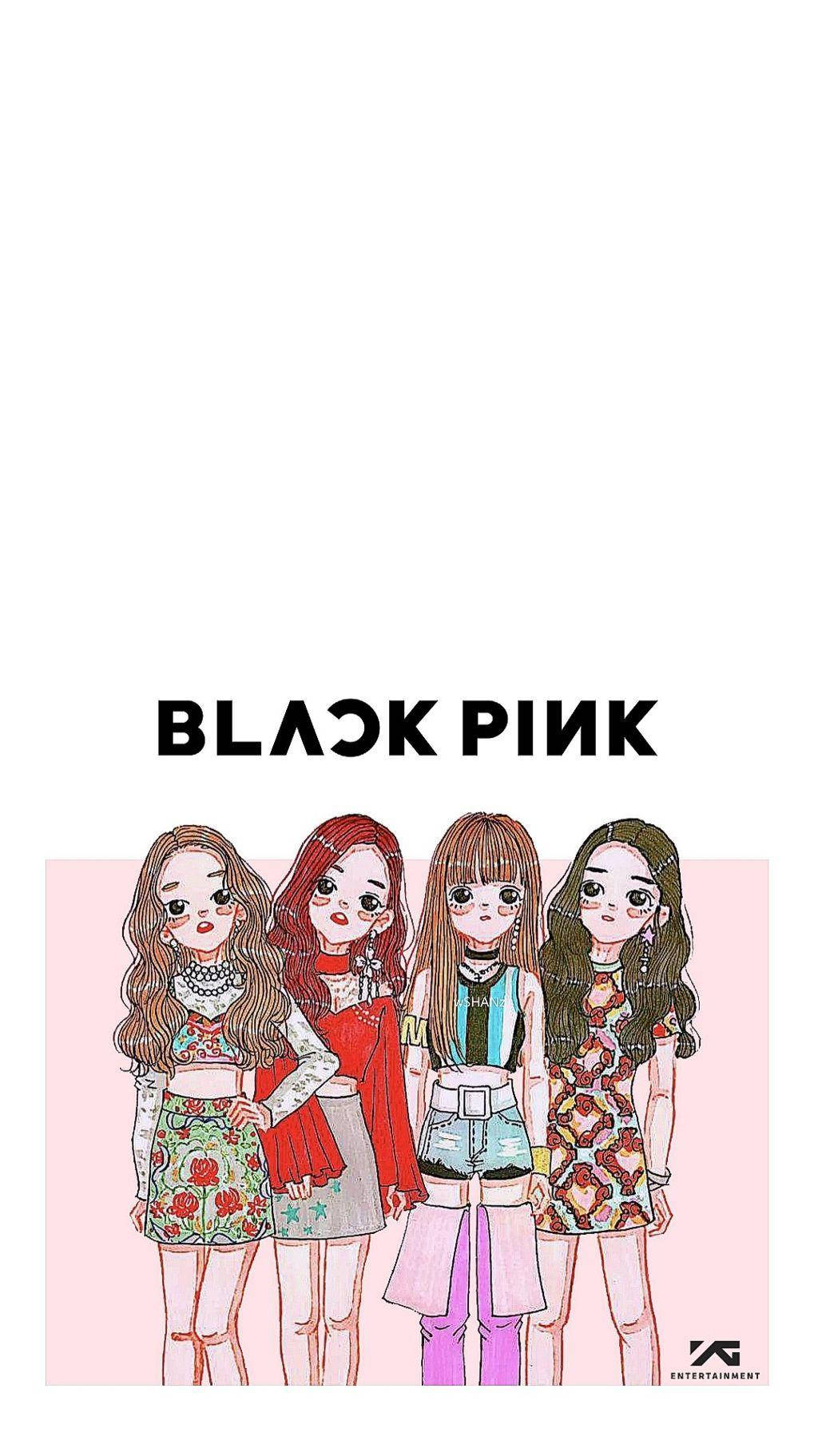 四個插圖化的Black Pink成員穿著色彩繽紛的服裝在粉紅色背景上。 — Blackpink 動畫 GIF 壁紙