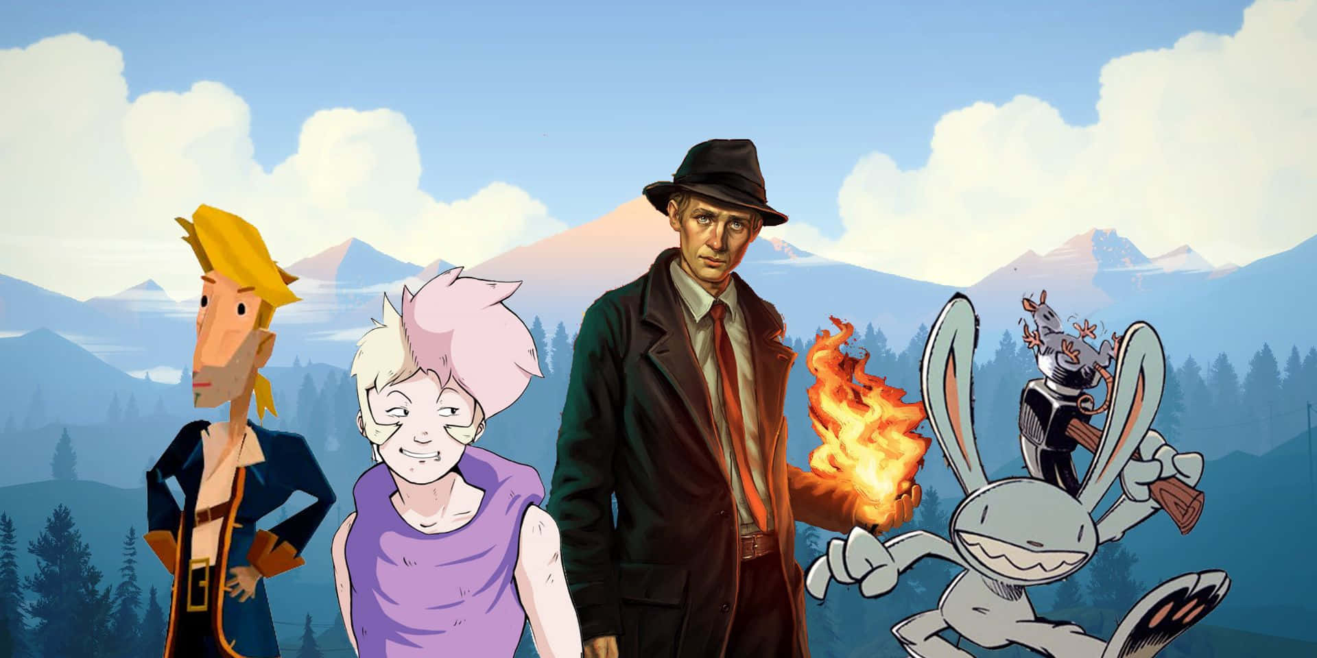 Adventure Games 桌布 壁紙 — 四個風格化的動畫角色站在山景前，右邊有一隻火焰兔。
