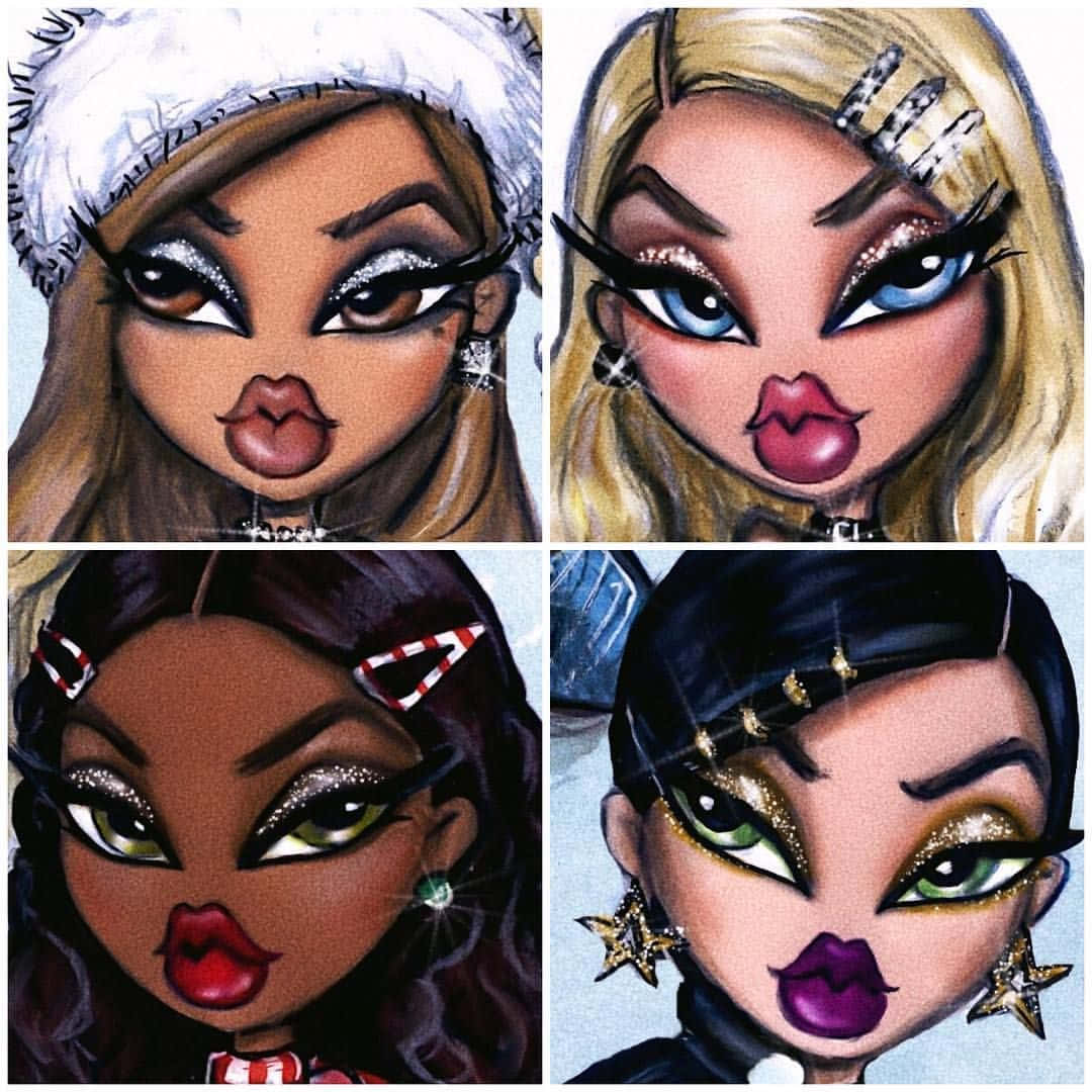 Bratz 桌布 壁紙 — 四個風格化的卡通女孩，帶有誇張的特徵和閃亮的化妝，在網格中嘟嘴擺姿勢。