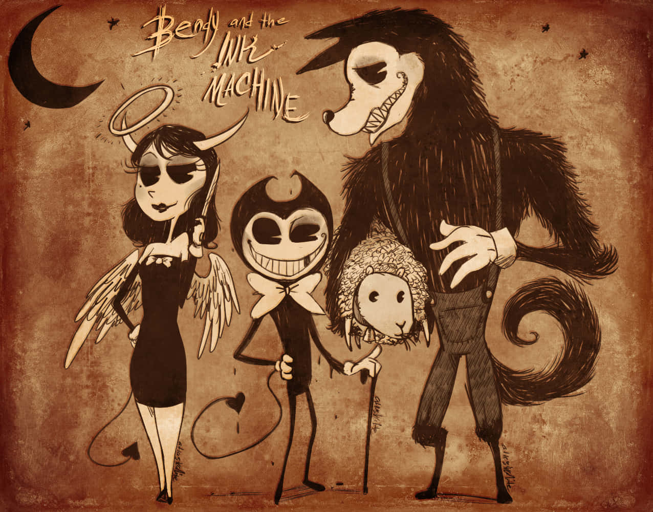 Bendy 桌布 壁紙 — 四個風格化的卡通角色，具有惡魔和天使特徵，在紋理棕褐色背景下的新月下站在一起。