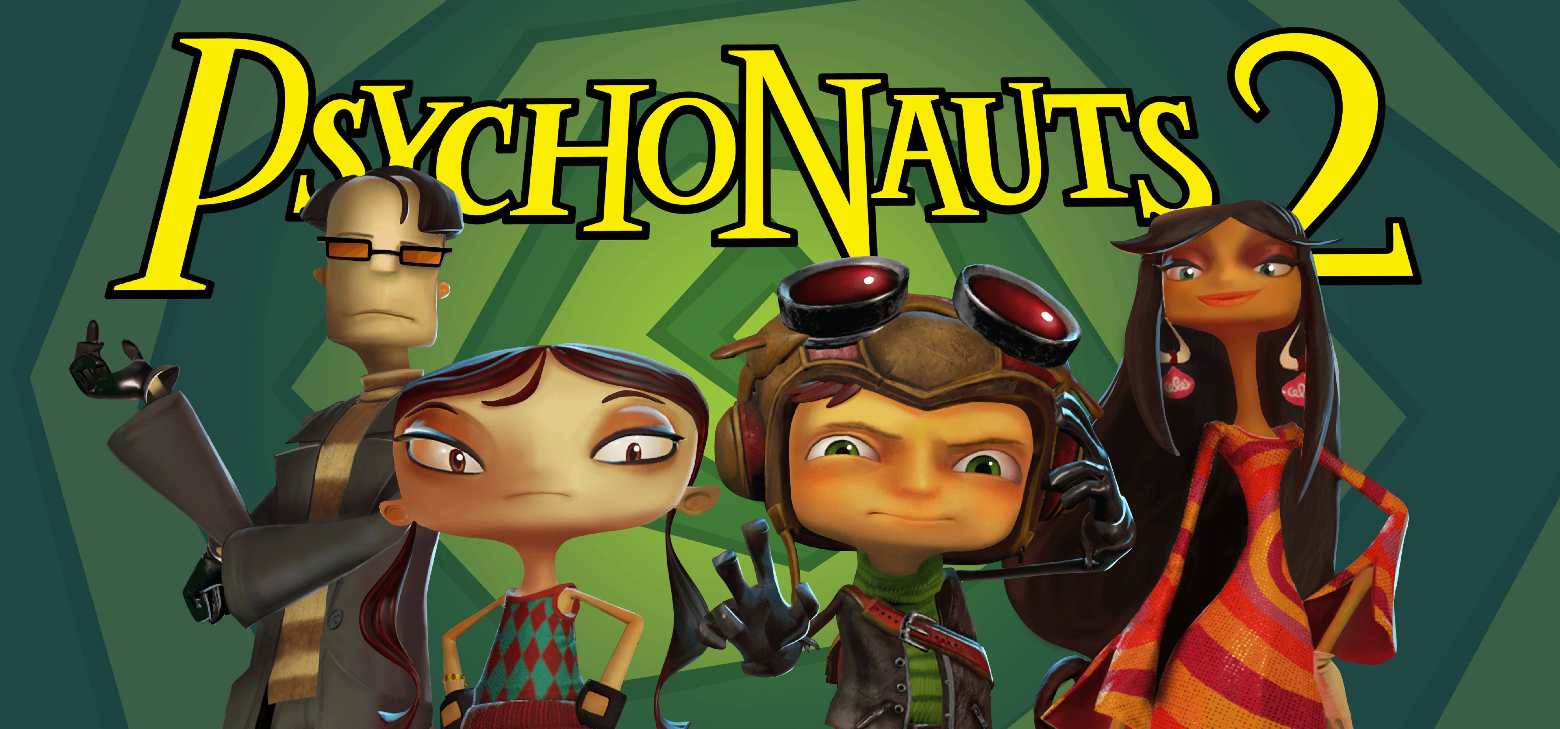 Psychonauts 桌布 壁紙 — 四個風格化的卡通角色在綠色幾何背景上，自信地擺出姿勢，下方是醒目的黃色 Psychonauts 2 標題。
