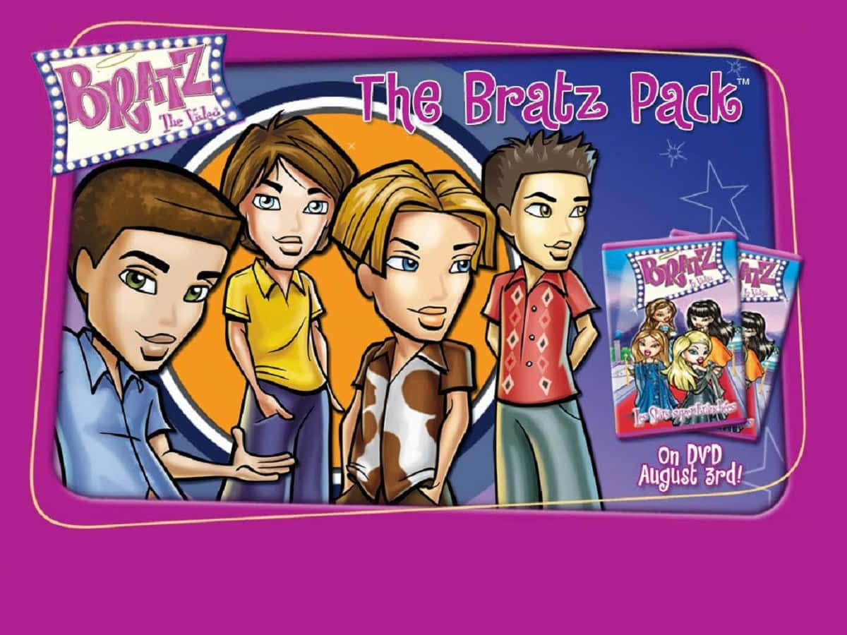 Bratz 桌布 壁紙 — 四個風格化的卡通青少年在充滿活力的紫色背景前自信地擺姿勢，宣傳《The Bratz Pack》DVD發行。