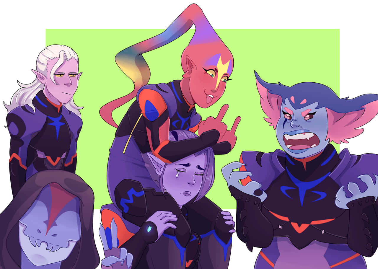 voltron 桌布 壁紙 — 四個風格化的奇幻角色，帶有發光點綴和富有表情的臉孔，在純綠色背景前擺姿勢。