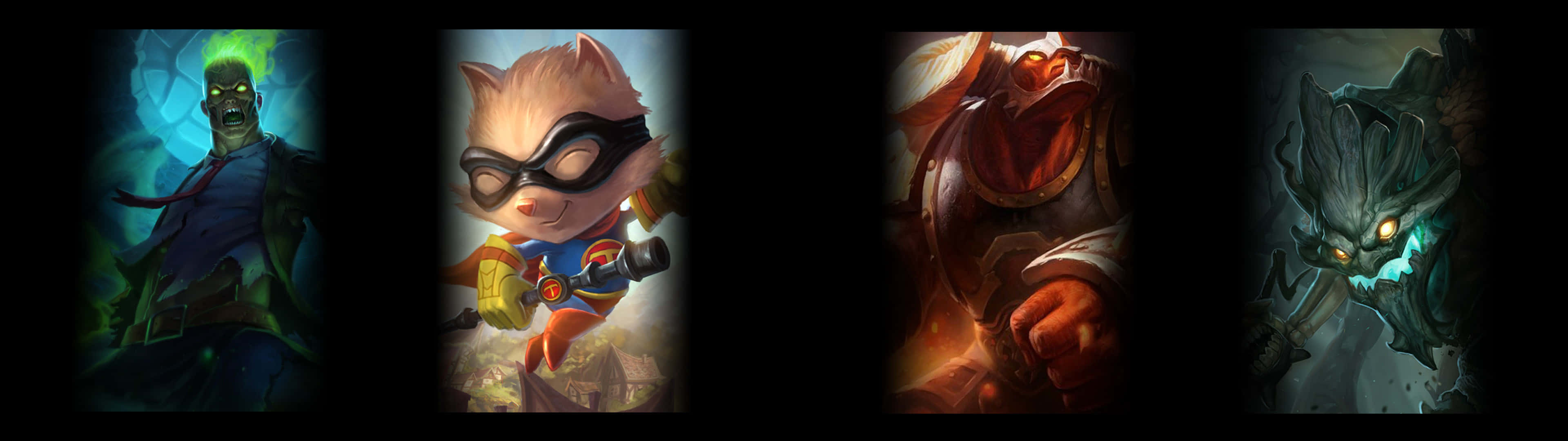 League Of Legends Dual Screen 桌布 壁紙 — 四個風格化的奇幻角色，擁有發光的眼睛和戲劇性的燈光，站在黑暗背景前。