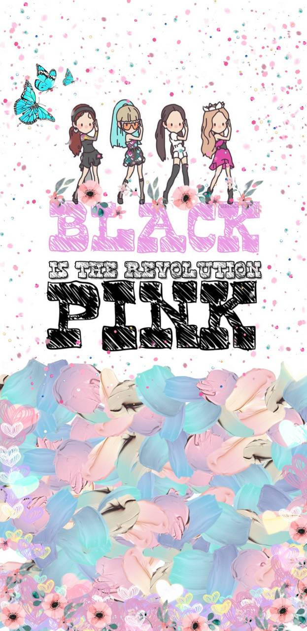 四個動漫風格女孩，文字 Black Is The Revolution Pink，花卉蝴蝶背景。 — Blackpink 動畫 GIF 壁紙