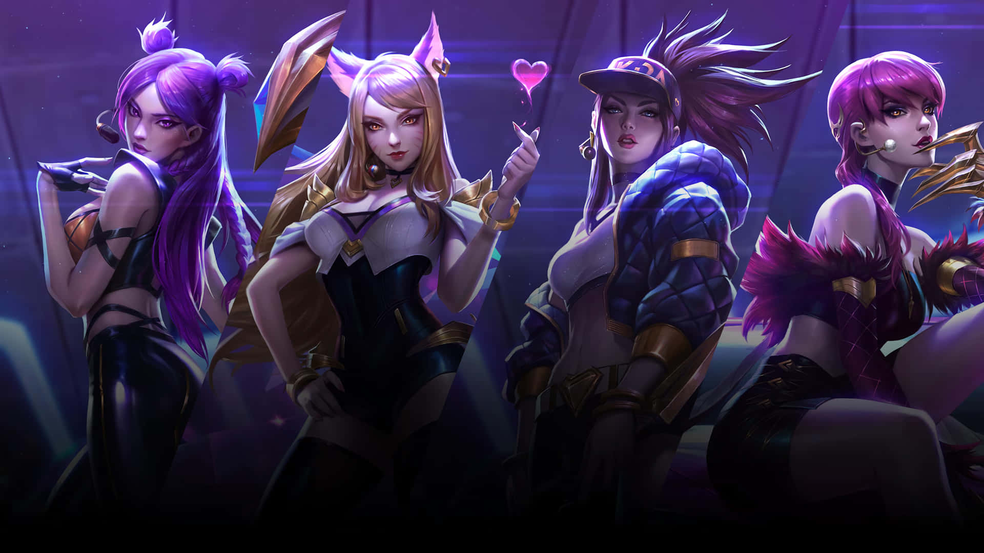 Best League Of Legends 桌布 壁紙 — 四個風格化的女性角色，擁有鮮豔的頭髮和奇幻裝備，在紫色霓虹燈下自信地擺姿勢。