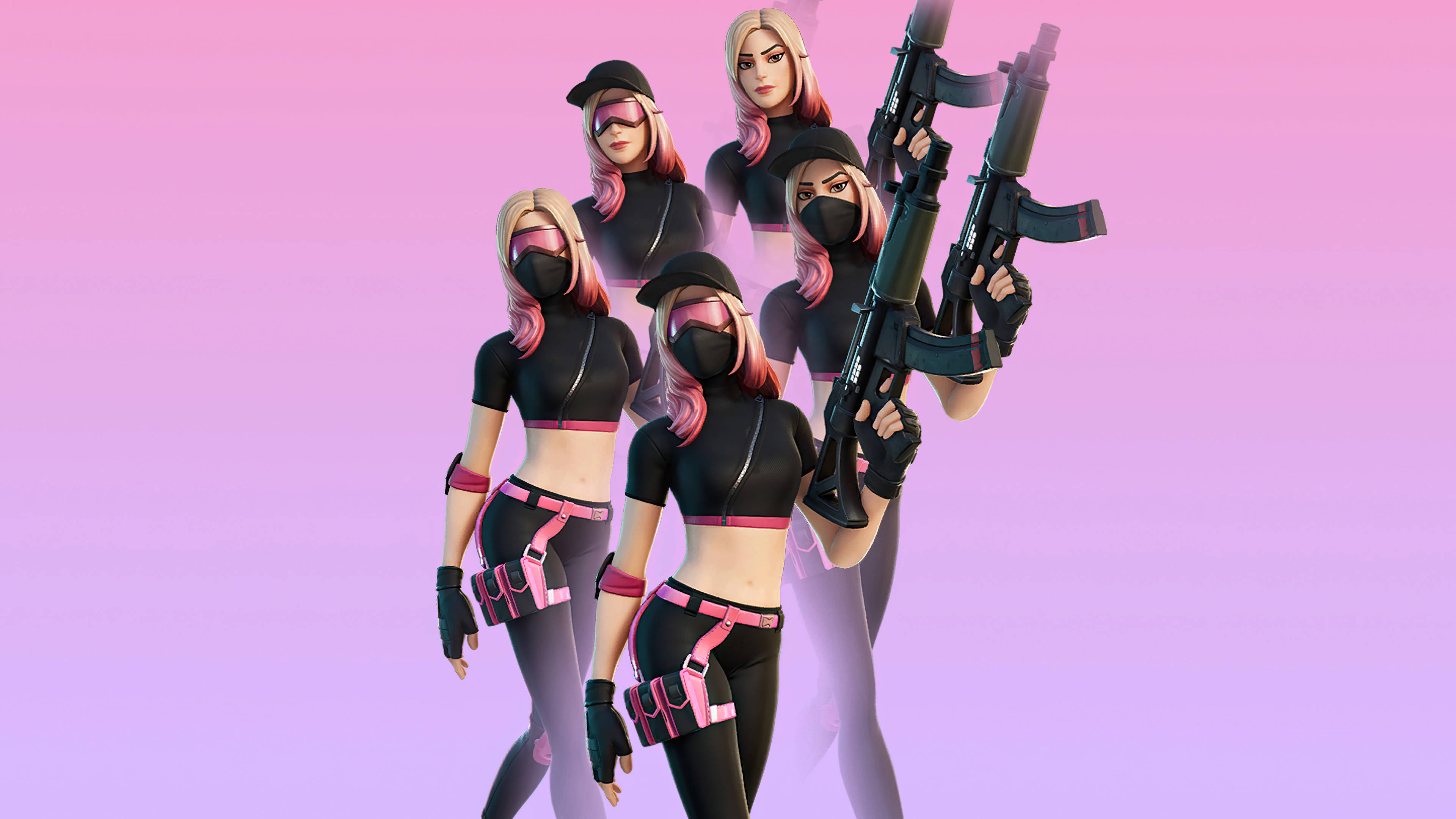 Fortnite 造型 桌布 壁紙 — 四個風格化的女性角色穿著黑色和粉紅色的戰術裝備，在柔和的粉紅到紫色漸變背景前持步槍。