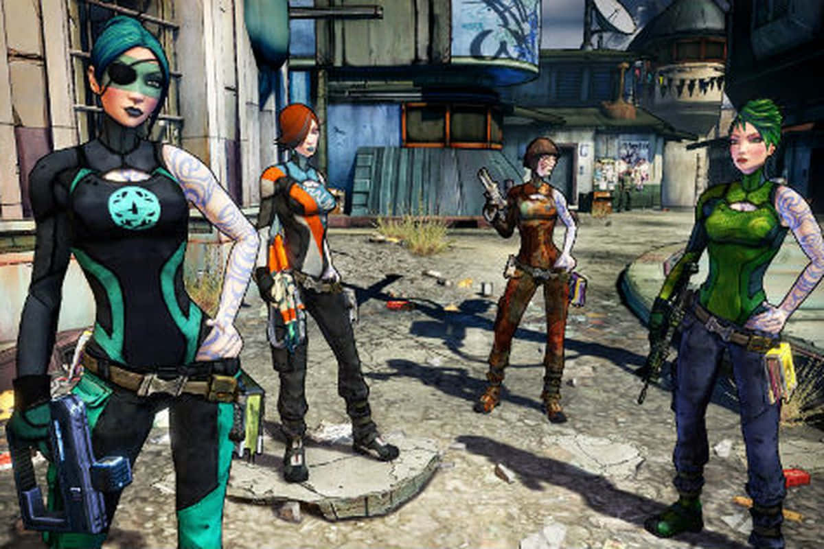 Borderlands Characters 桌布 壁紙 — 四個風格化的女性角色身穿戰鬥裝備，自信地站在一個佈滿灰塵、陽光普照的城市廢墟中，周圍是破損的建築物和散落的碎片。