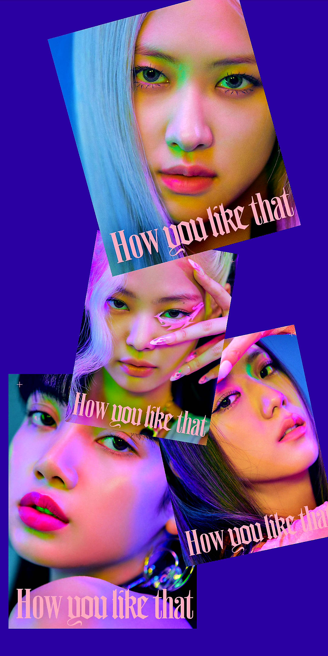 BLACKPINK 桌布 壁紙 — 四個風格化的女性面孔，帶有發光的霓虹化妝和頭髮，背景是深紫色，帶有重複的文字。