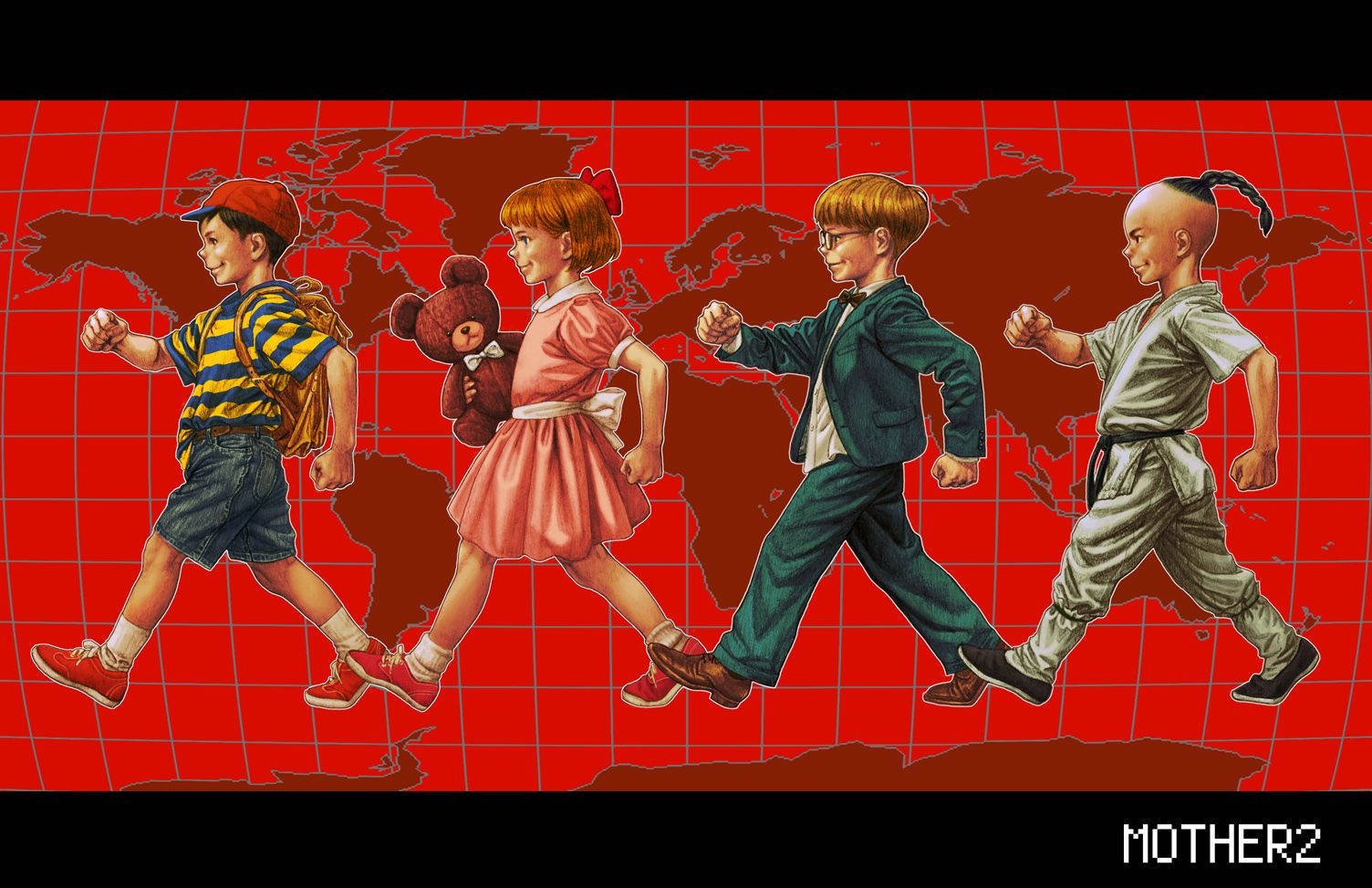 Earthbound 桌布 壁紙 — 四個風格化的孩子穿著不同的服裝，自信地走過紅色網格世界地圖背景。