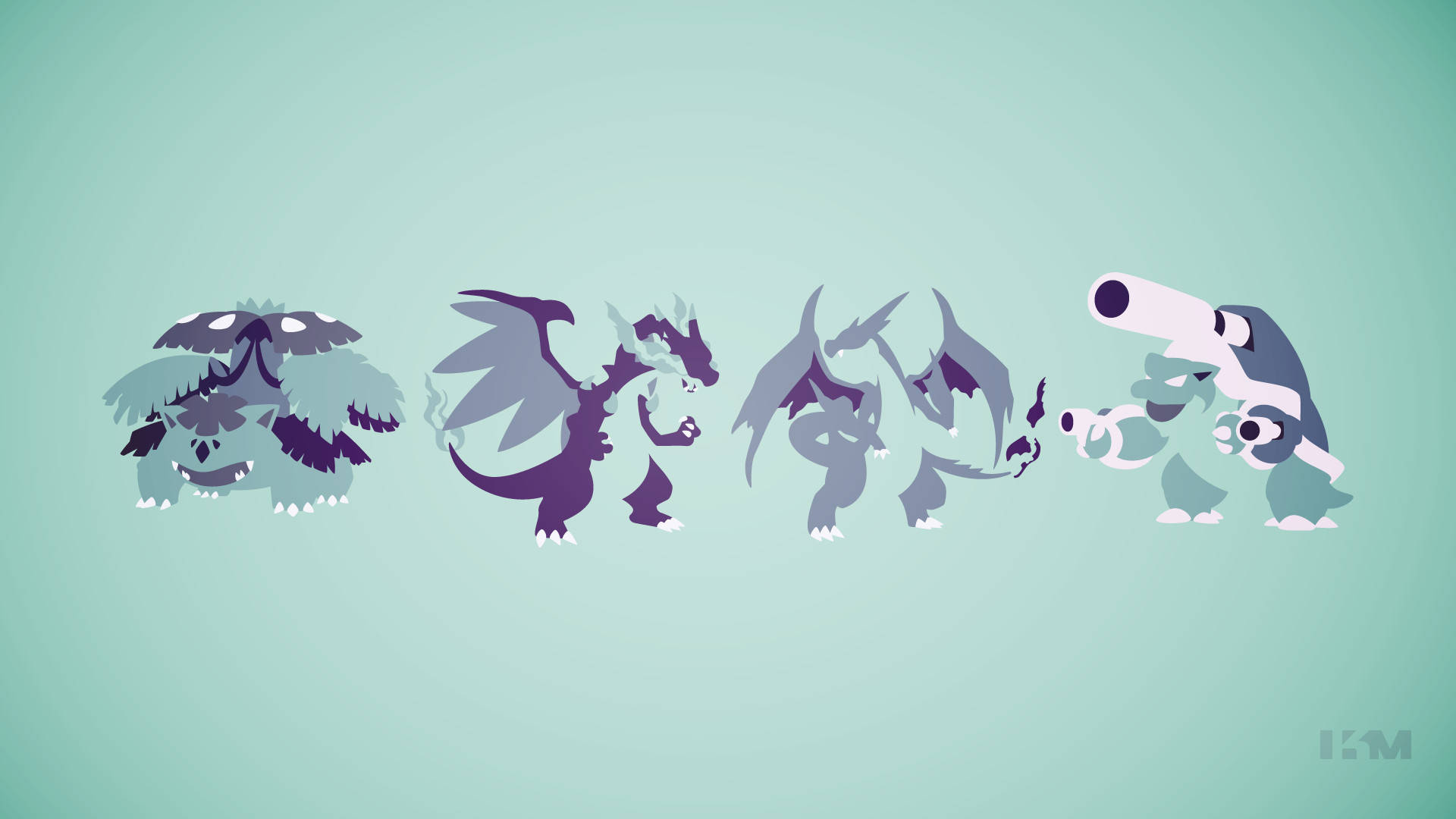 Blastoise 桌布 壁紙 — 四個風格化的寶可夢角色，以紫色和藍綠色調，排列在純薄荷綠背景前。