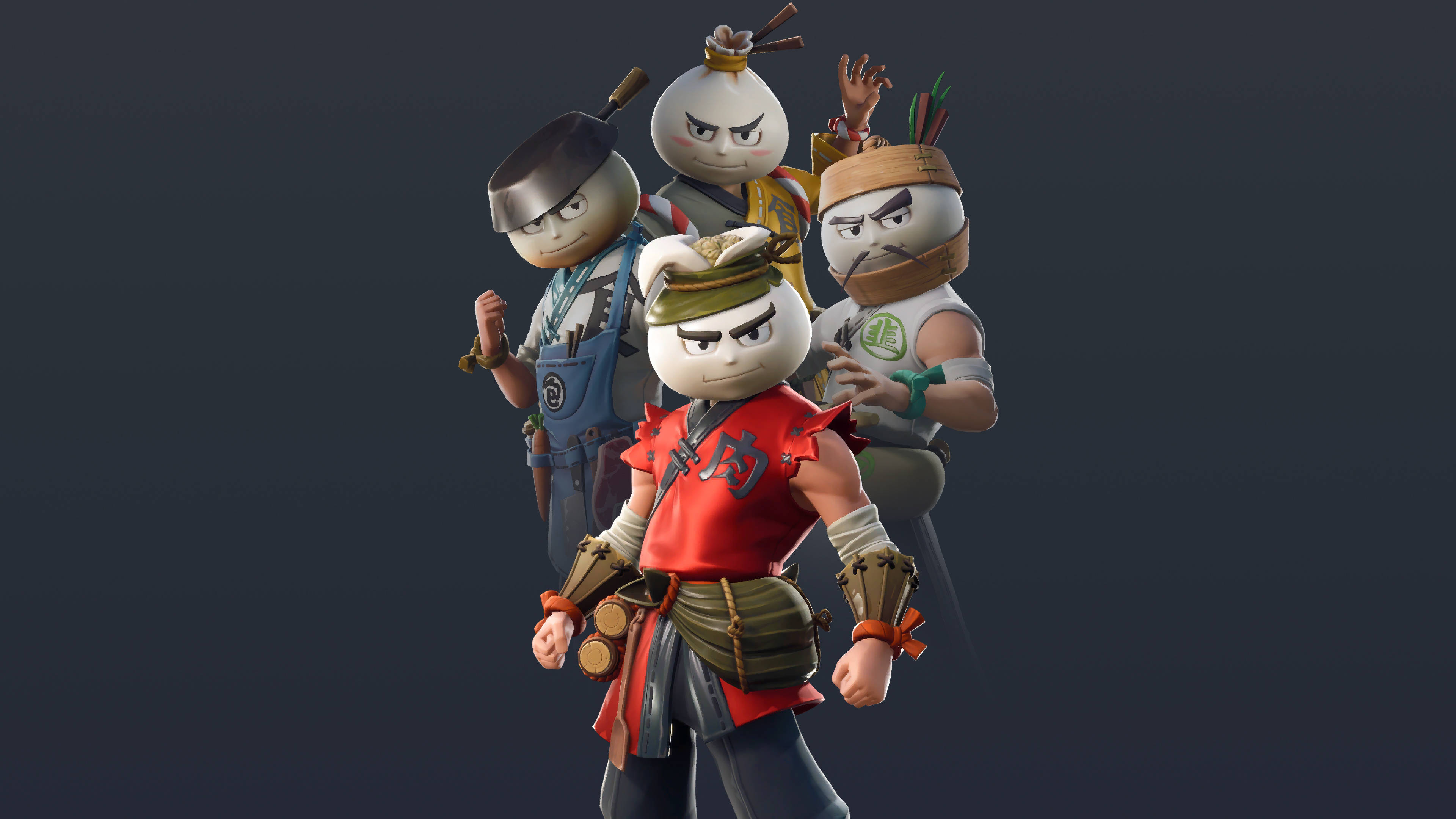 Fortnite 造型 桌布 壁紙 — 四個風格化的忍者角色帶著憤怒的表情，在黑暗背景前擺出動態的群體姿勢。
