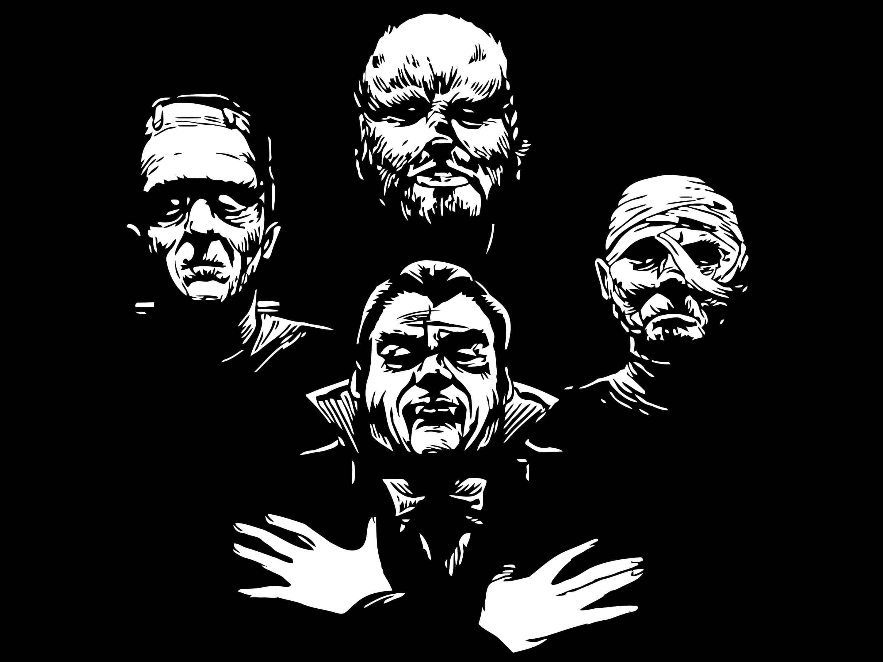 Horror Icons 桌布 壁紙 — 四個風格化的恐怖圖標，以強烈的黑白對比、戲劇性的線條和激烈的表情呈現。