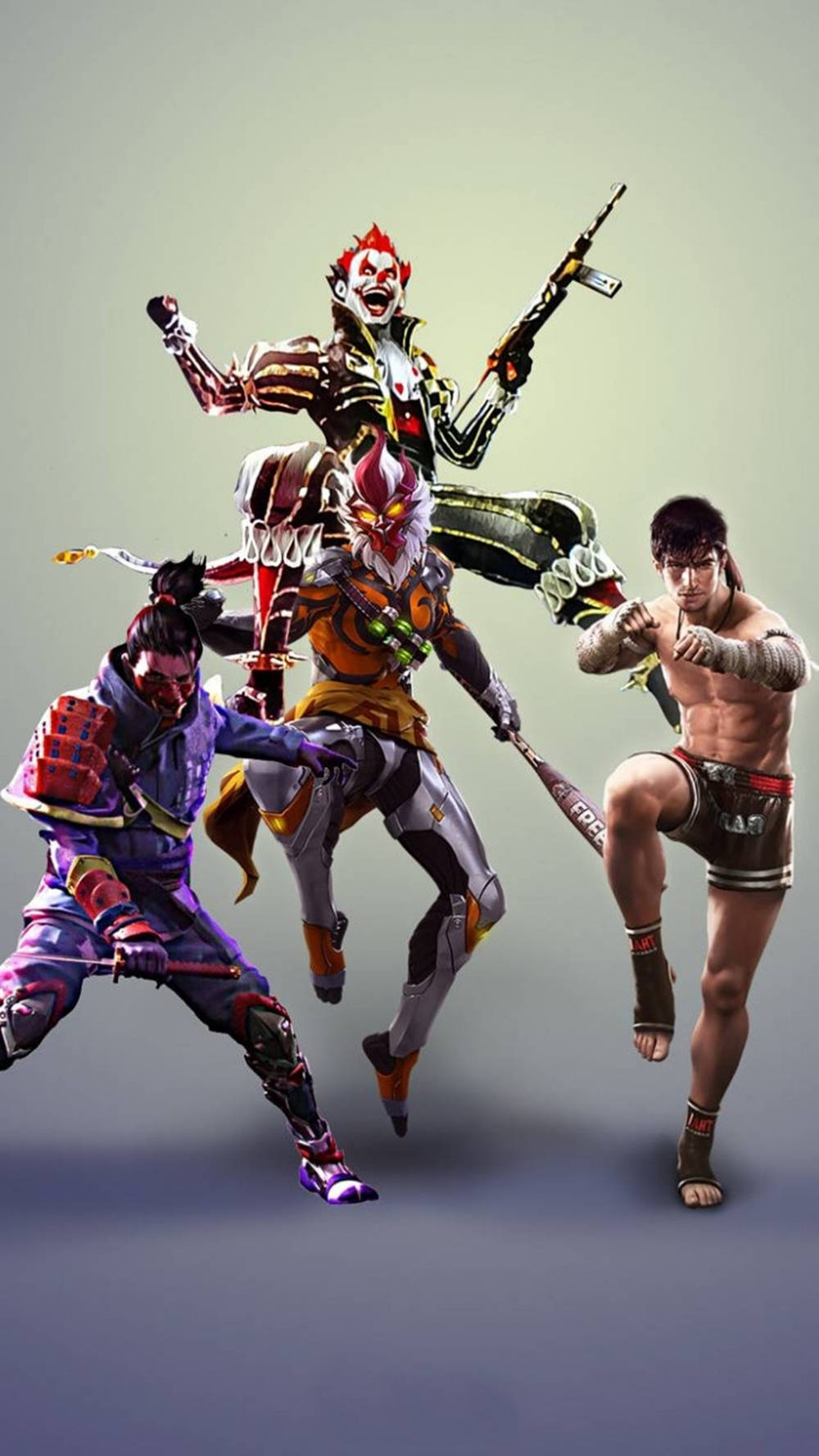 free fire 2021 桌布 壁紙 — 四個風格化的戰士，手持武器，以動態戰鬥姿勢呈現在純灰色背景上。