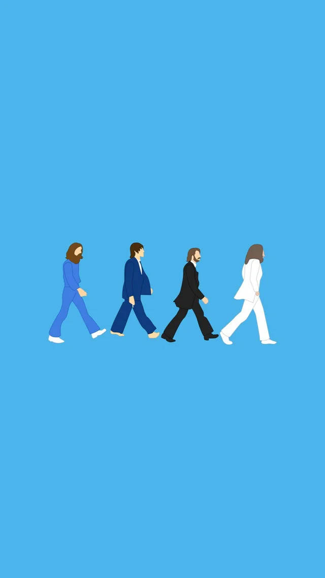 the beatles 桌布 壁紙 — 四個風格化的披頭四人物穿著不同顏色的西裝，在純藍色背景上向左行走。