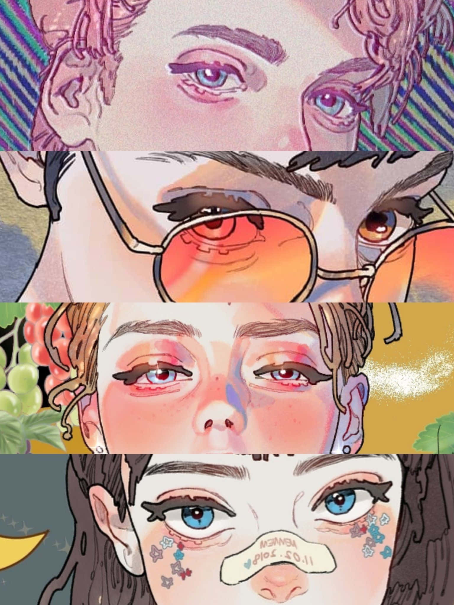 美學藝術 桌布 壁紙 — 四個風格化的插圖面孔，帶有富有表現力的眼睛和獨特的配飾，色彩鮮豔。
