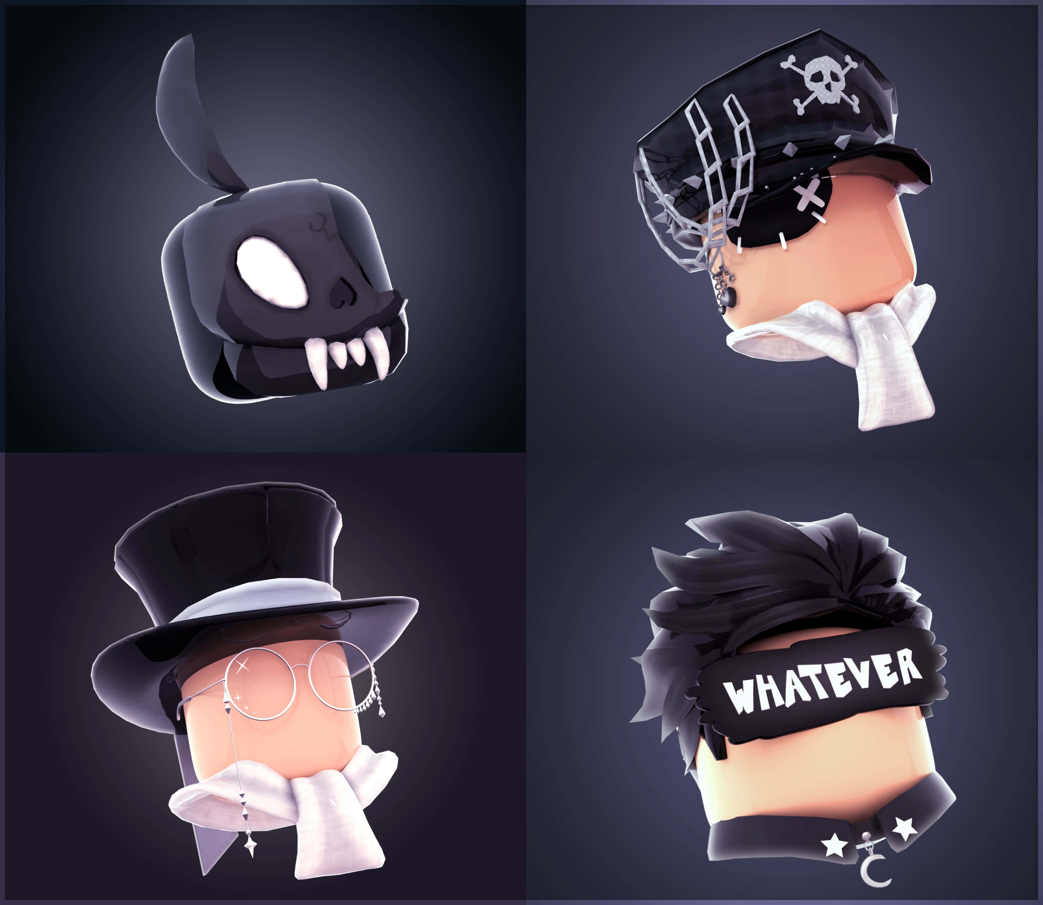 Roblox 桌布 壁紙 — 四個風格化的方塊頭像，配有獨特的帽子和配件，背景為深色漸變。