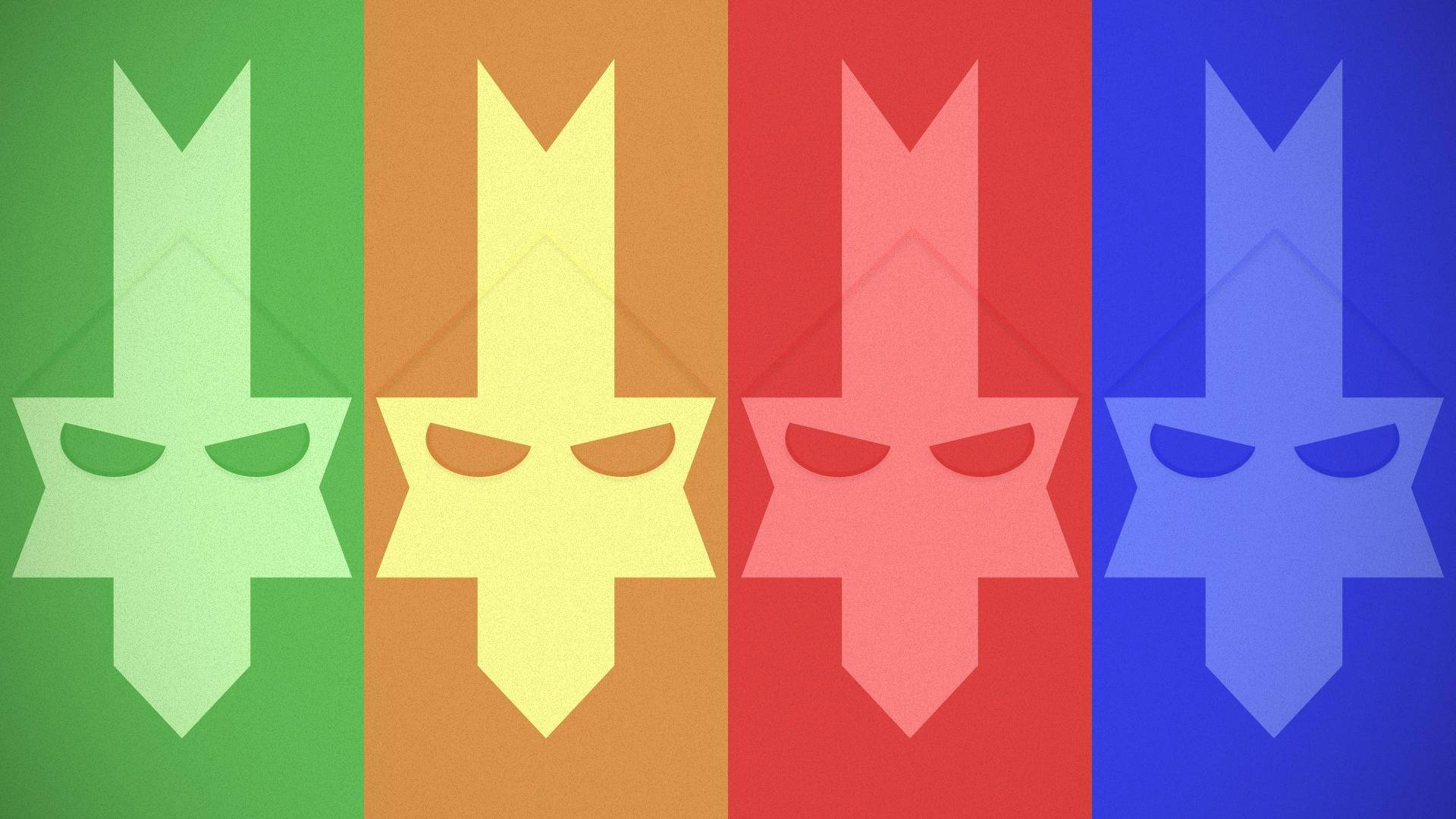 Castle Crashers 桌布 壁紙 — 四個風格化的星形面具，分別為綠色、黃色、紅色和藍色，每個都有狹窄的眼睛，置於純色背景上。