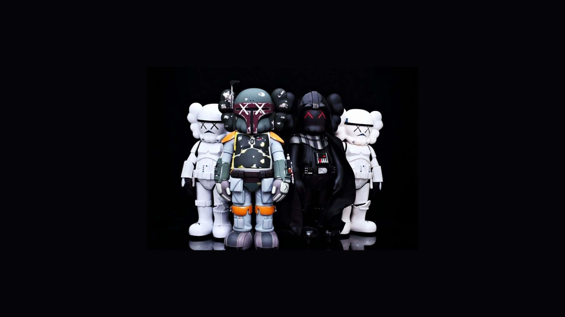 Kaws Figures 桌布 壁紙 — 四個風格化的星際大戰人物，包括波巴·費特和達斯·維達，排成一排站在黑色背景前。