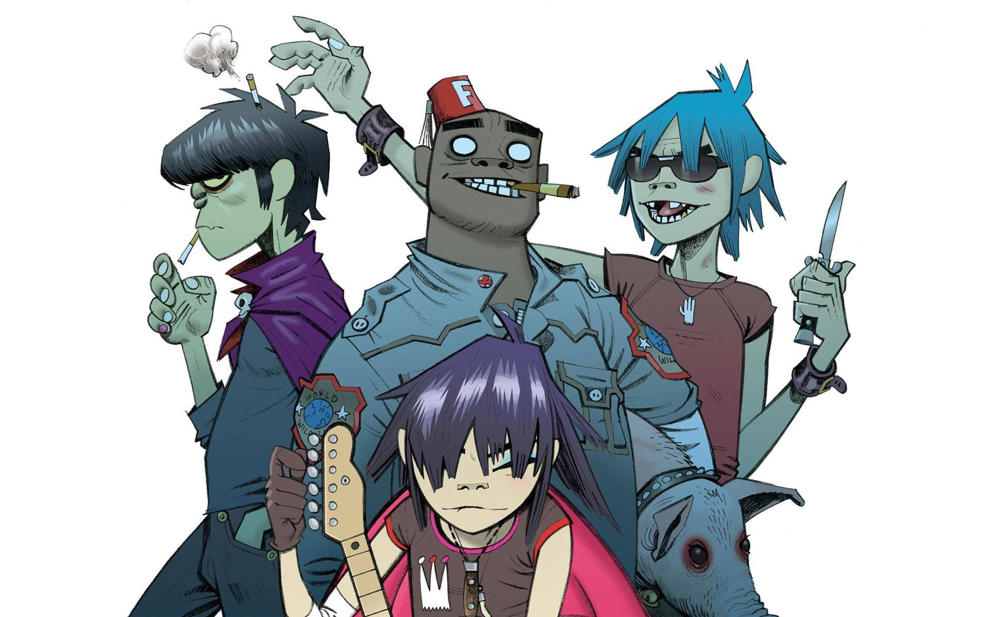 Gorillaz 桌布 壁紙 — 四個風格化的殭屍卡通角色，手持香菸和武器，在純白色背景前擺姿勢。