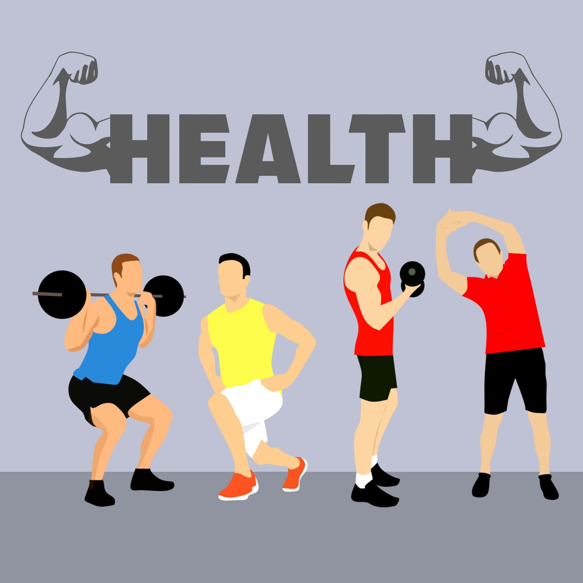 健身房 桌布 壁紙 — 四個風格化的男人穿著運動服，在「health」一字兩旁有彎曲手臂的圖案下做運動。