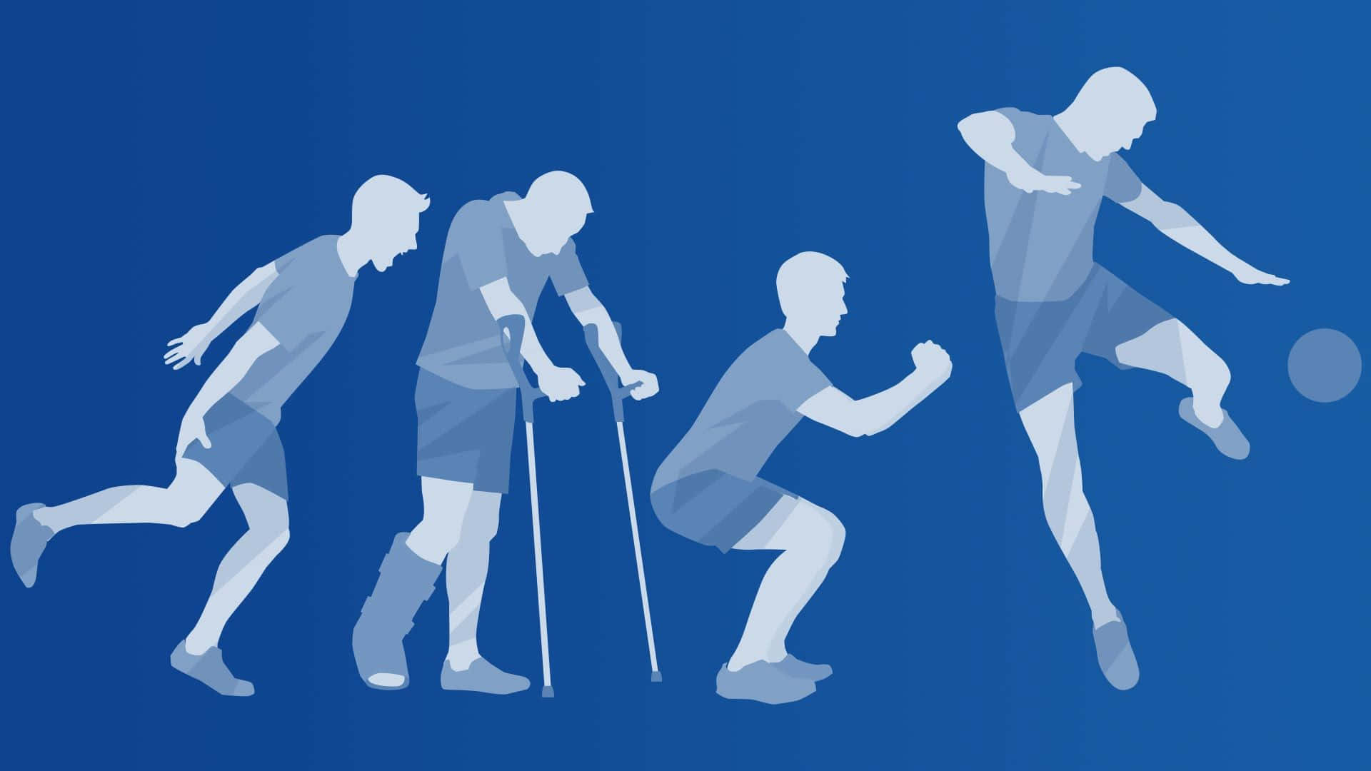 Exercise 桌布 壁紙 — 四個風格化的男性人物在純藍色背景上移動，描繪了從跑步到踢球，中間有手杖的旅程。