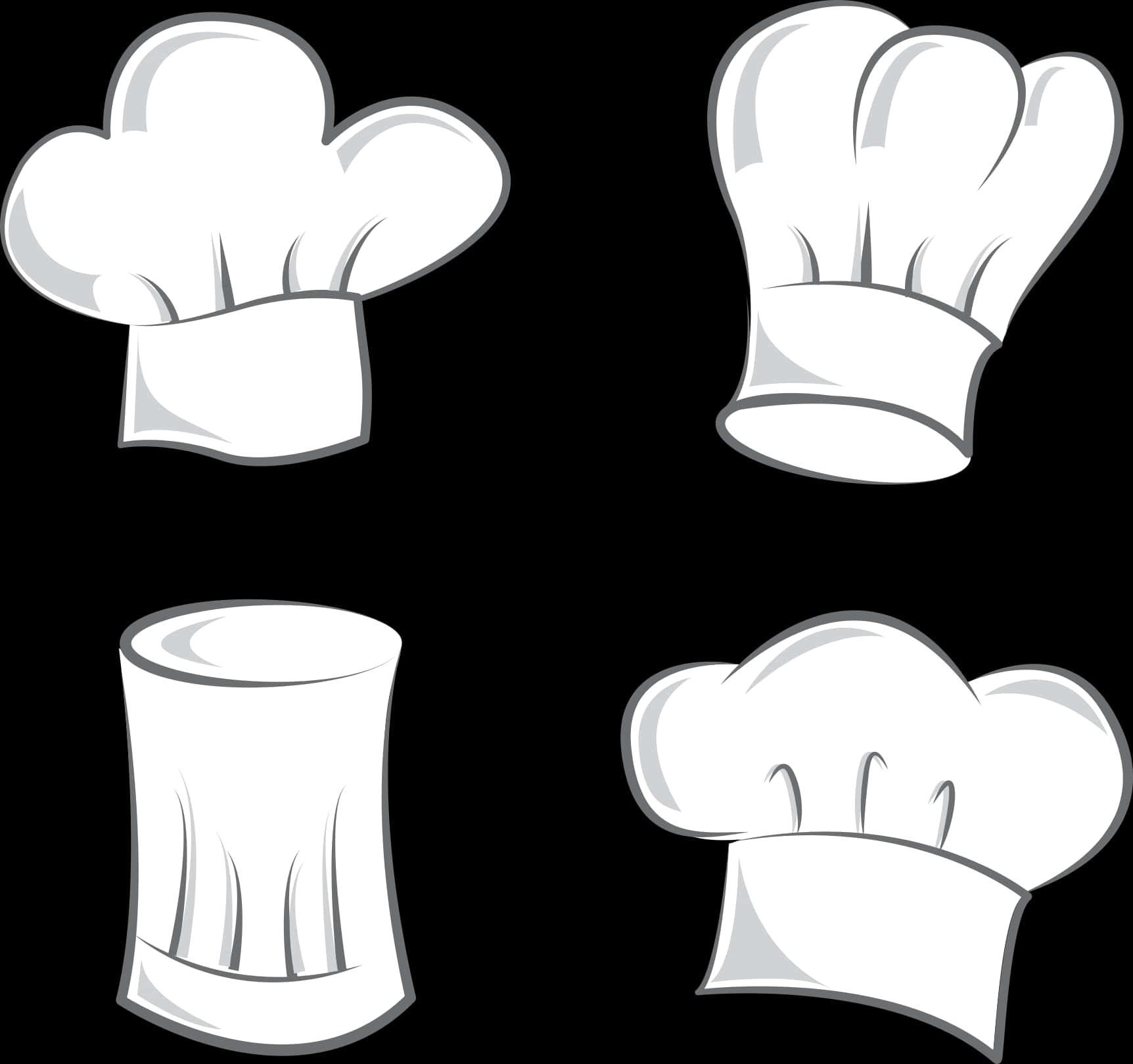 Chef 桌布 壁紙 — 四個風格化的白色廚師帽，帶有灰色陰影，排列在黑色背景上。