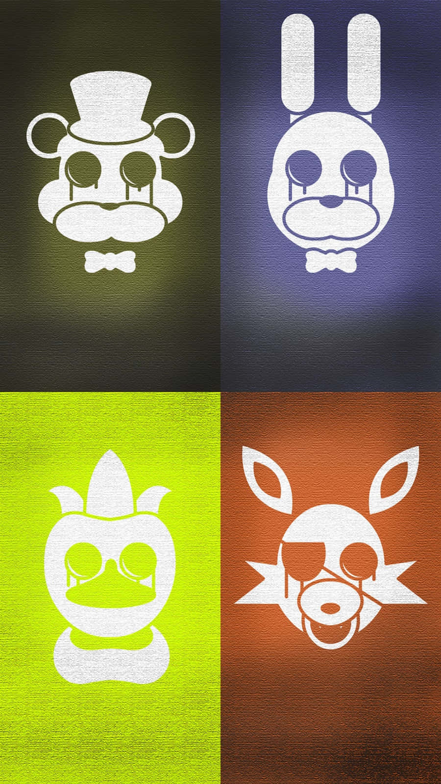 five nights at freddy's 桌布 壁紙 — 四個風格化的白色電子動畫面孔在紋理彩色背景上以網格佈局發光。
